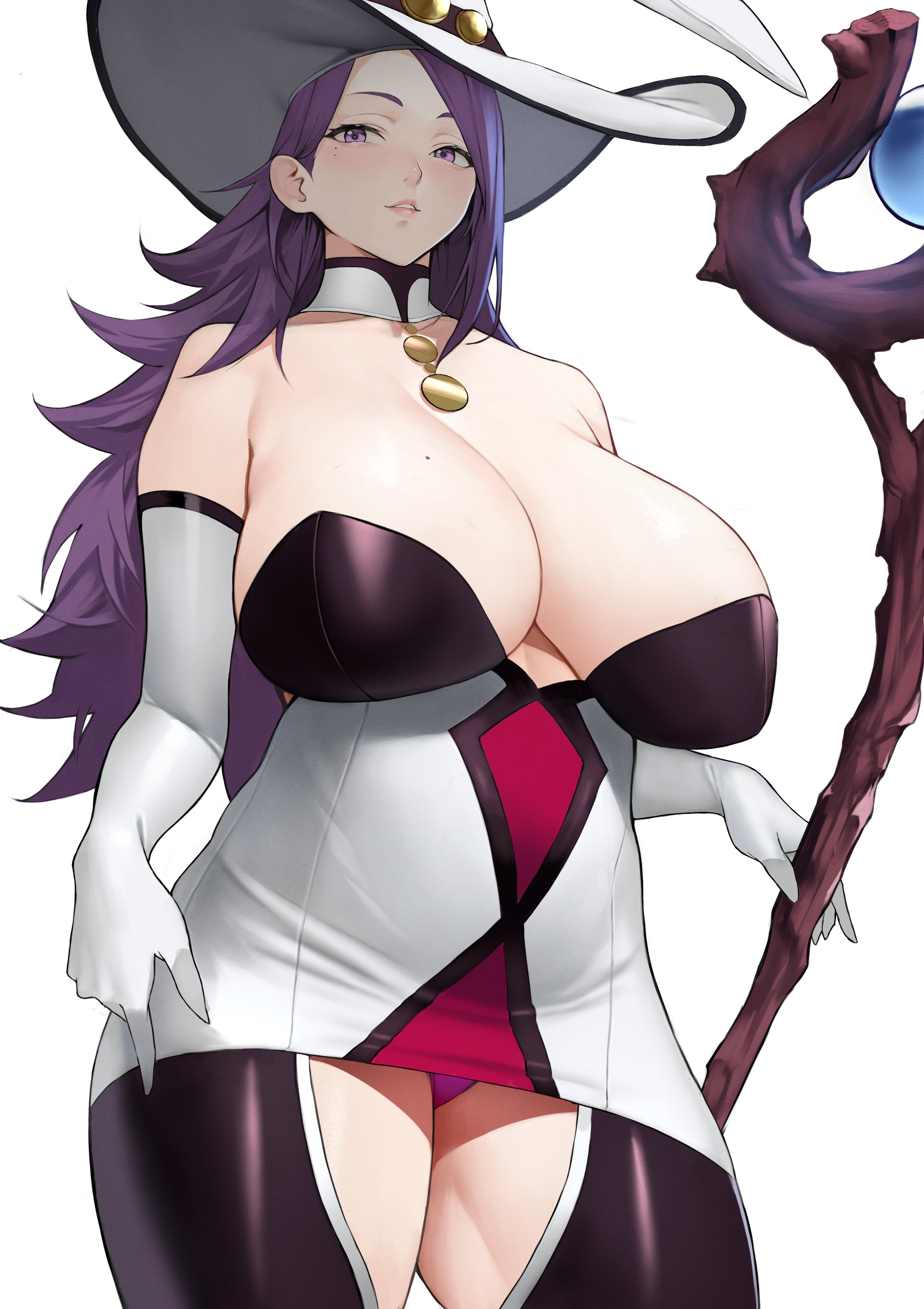 1girls, 2022, absurd res, breasts, cleavage, clothing, crotch cutout, crotchless, crotchless pantyhose, detached collar, dress, elbow gloves, female, female only, gloves, hat, highres, holding staff, jewelry, large breasts, long hair, mage, matching hair/eyes, mature female, messy hair, microdress, minidress, mole, mole on breast, original, panties, pantyhose, pantyshot, pantyshot (standing), purple eyes, purple hair, purple panties, revealing clothes, sagging breasts, simple background, solo, staff, standing, thighs, underwear, very long hair, white background, white gloves, witch hat, yoshi55level