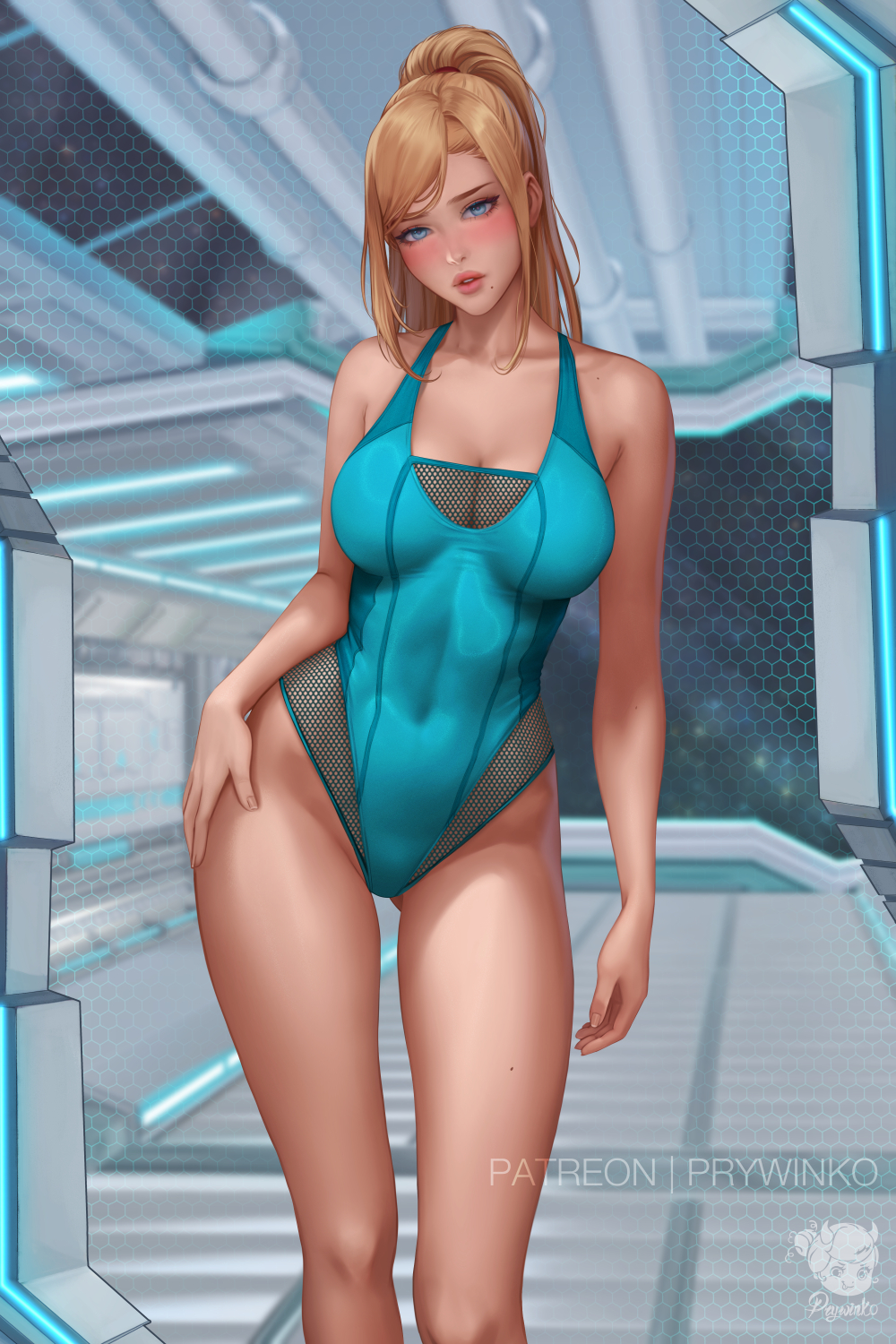 1girls bangs beauty_mark bedroom_eyes big_breasts blonde_female blonde_hair blue_eyes child_bearing_hips cleavage female female_focus female_only hip_dips light-skinned_female light_skin lips_parted looking_at_viewer metroid nintendo ponytail prywinko samus_aran swimsuit swimwear thighs wide_hips