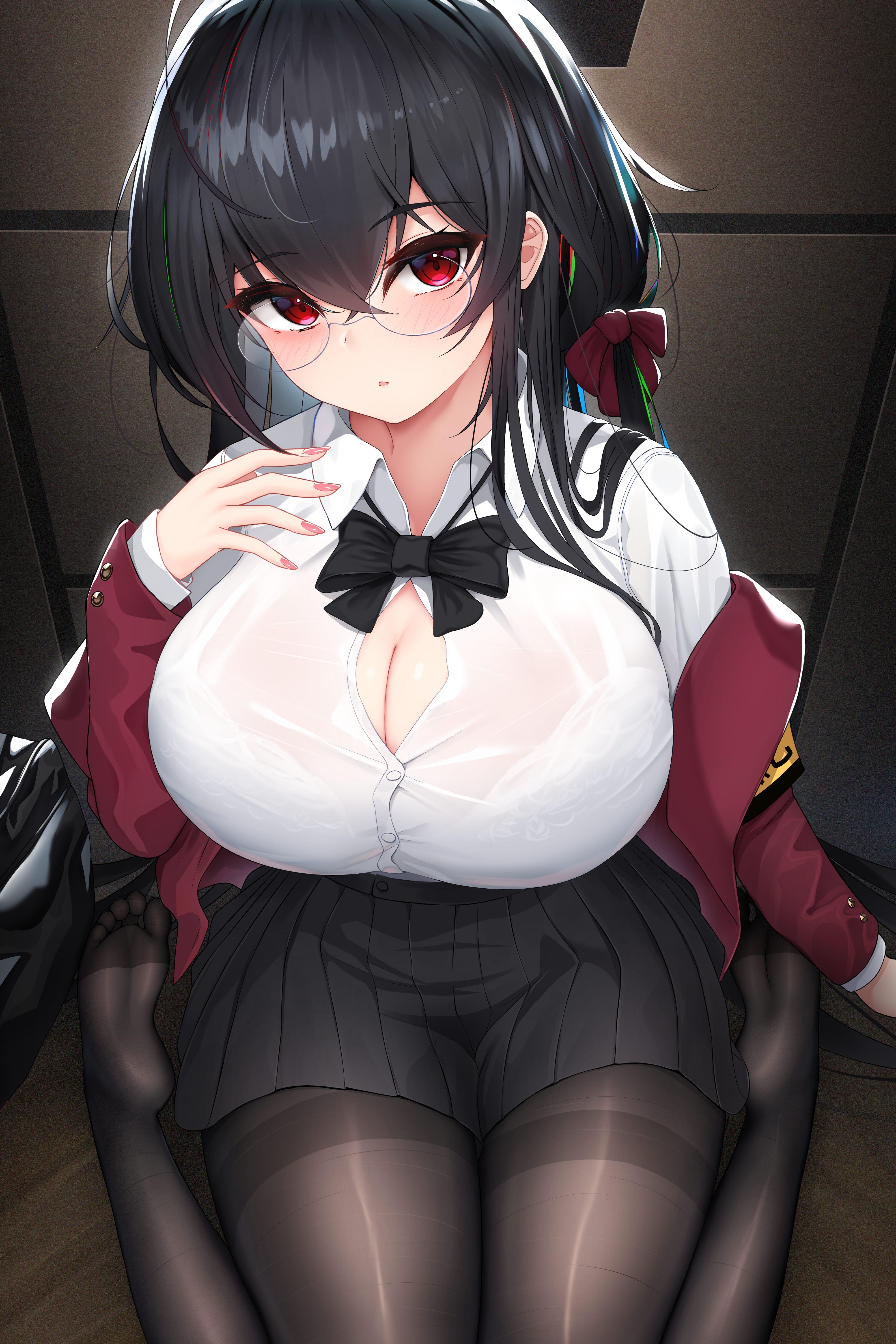 1girls, 2022, absurd res, ahoge, azur lane, black hair, breasts, damao yu, female, female only, glasses, hair ornament, hi res, hips, huge breasts, kneeling, light skin, light-skinned female, long hair, looking at viewer, massive breasts, pantyhose, red eyes, school uniform, schoolgirl, short skirt, skirt, taihou (azur lane), taihou (sweet time after school) (azur lane), thick thighs, thighs, twintails, wide hips