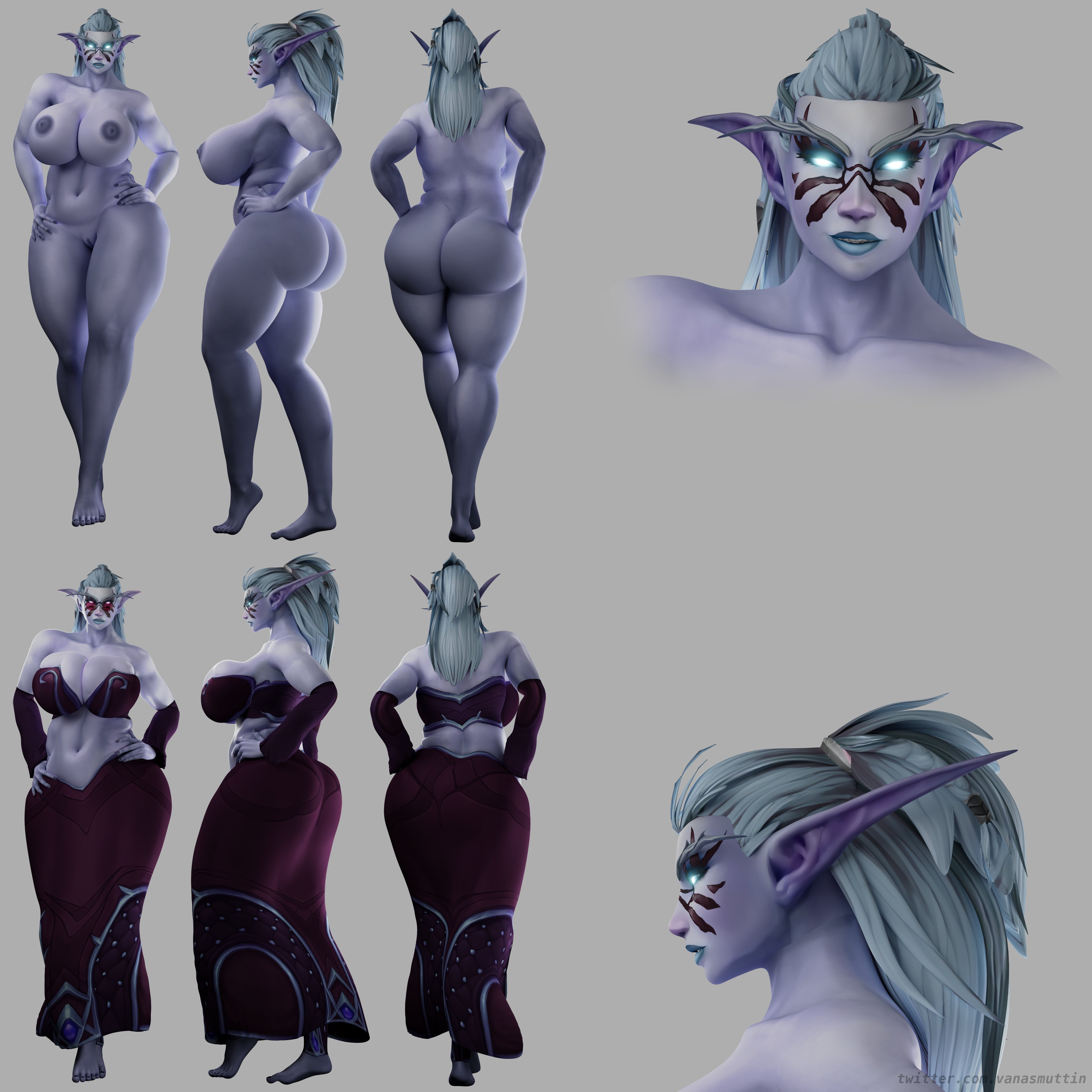 1girls, ass, barefoot, big ass, big breasts, blue skin, breasts, busty, curvy, curvy body, curvy female, curvy figure, curvy hips, dress, elf, fat ass, feet, female, female only, hips, legs, looking at viewer, night elf, nipples, pose, posing, pussy, soles, solo, thick ass, thick legs, thick thighs, toes, vagina, vanasmut, warcraft, white hair, wide hips, world of warcraft, wow