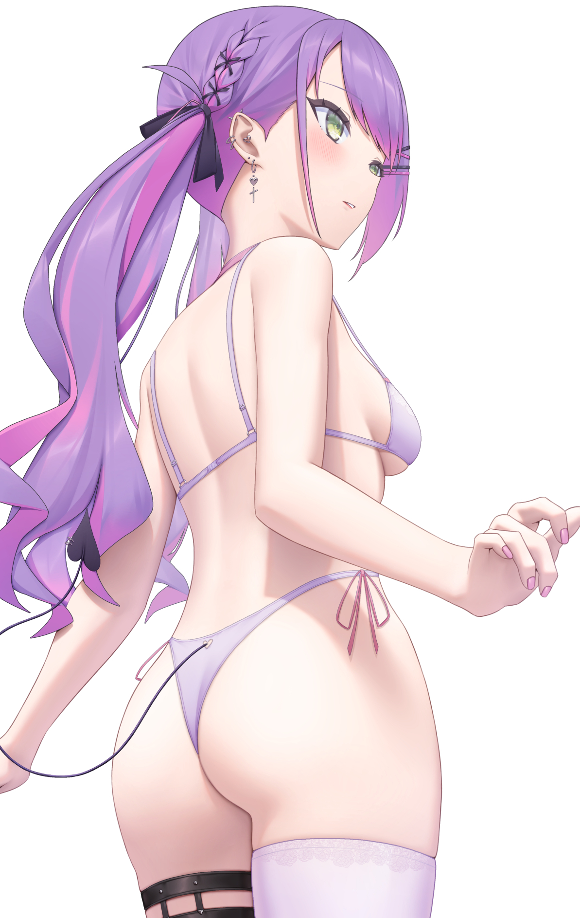bangs, black ribbon, blush, bra, braid, cowboy shot, demon tail, female, green eyes, hair ornament, hair ribbon, hairclip, highres, holoforce, hololive, hololive japan, long hair, looking away, medium breasts, multicolored hair, nail polish, panties, parted lips, piercing, pink hair, pink nails, purple bra, purple hair, purple panties, purple thighhighs, ribbon, simple background, single thighhigh, solo, standing, tail, tail ornament, tail piercing, tail through clothes, thigh strap, thighhighs, tokoyami towa, twintails, two-tone hair, underwear, underwear only, virtual youtuber, white background, x hair ornament, yihsien