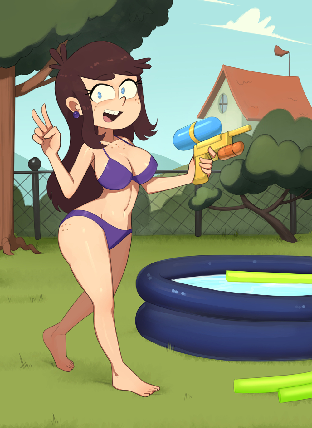 1girls alternate_hairstyle backyard barefoot barleyshake belly belly_button cleavage female freckles full_body glistening glistening_body inbred long_hair looking_at_viewer lyra_loud nickelodeon original_character outdoors peace_sign pool pose solo solo_female solo_focus swimsuit the_loud_house thighs walking water_gun