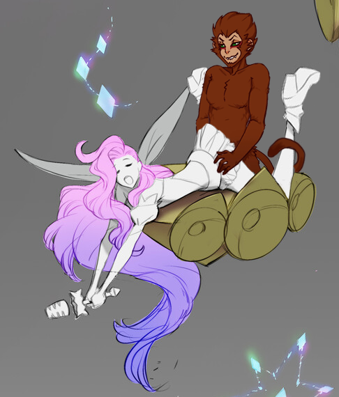 concept_art doggy_style female green_eyes league_of_legends monkey popstar seraphine_(league_of_legends) sparkles wukong