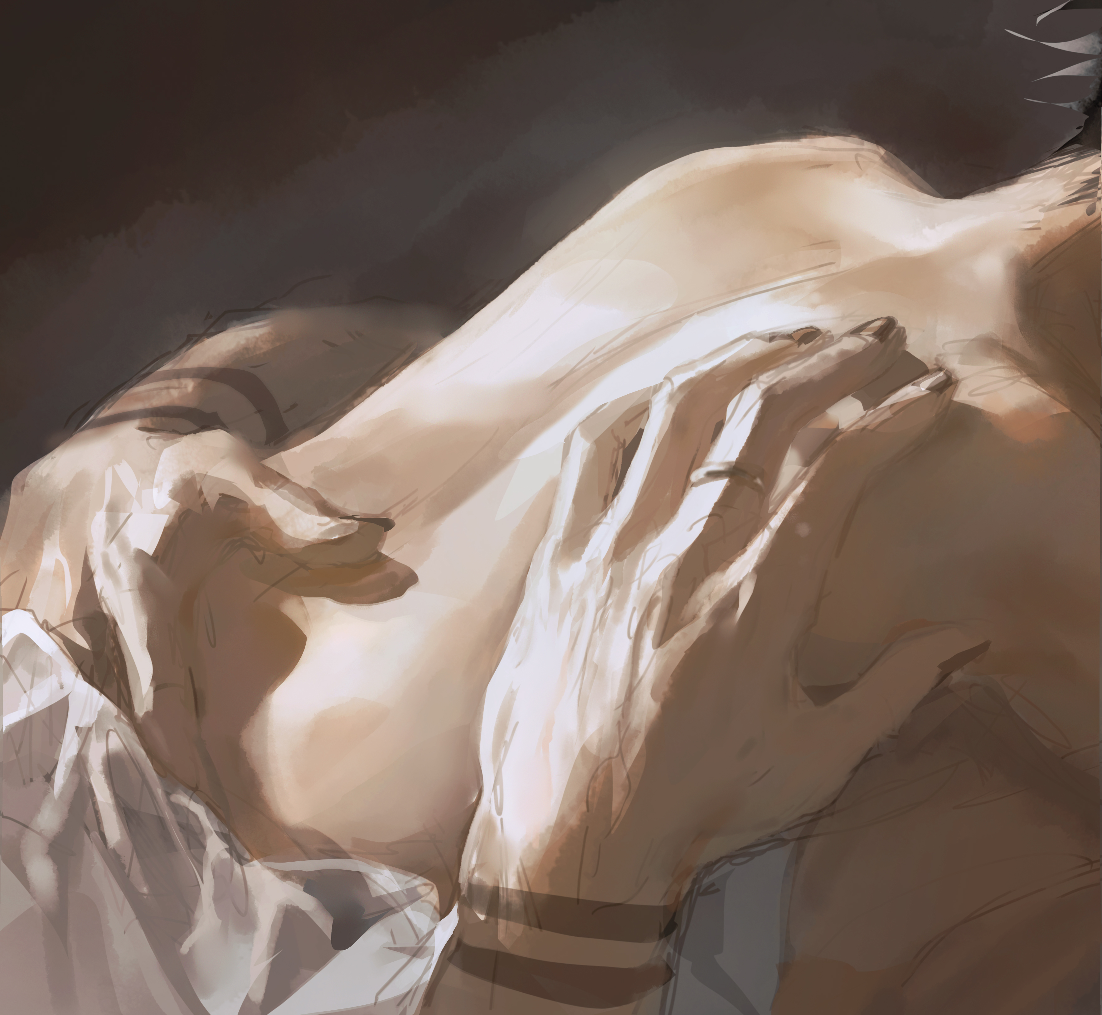 140wwwei, 2boys, after sex, arm tattoo, back, bed sheet, black hair, black nails, completely nude, couple, fushiguro megumi, gay, hands on another's back, indoors, jewelry, jujutsu kaisen, lying, lying on person, male, male focus, male only, male/male, multiple boys, multiple males, nail polish, nude, ring, ryoumen sukuna (jujutsu kaisen), size difference, tattoo, twink, yaoi
