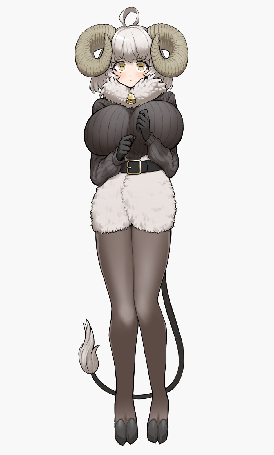 1girls, 1monster, animal horns, animal tail, artist request, bell, belt, big breasts, black gloves, blush, blushing, breasts, clothed, curves, curvy, curvy body, curvy female, curvy figure, curvy hips, female, female only, fluffy, fully clothed, fur, gloves, huge breasts, kiregiris, large breasts, light blush, monster girl, sheep, sheep girl, sheep horns, sheep humanoid, shy, slight blush, solo, sweater, tail, thick, thick thighs, white background, white fur, white hair, yellow eyes, yutorin kakka