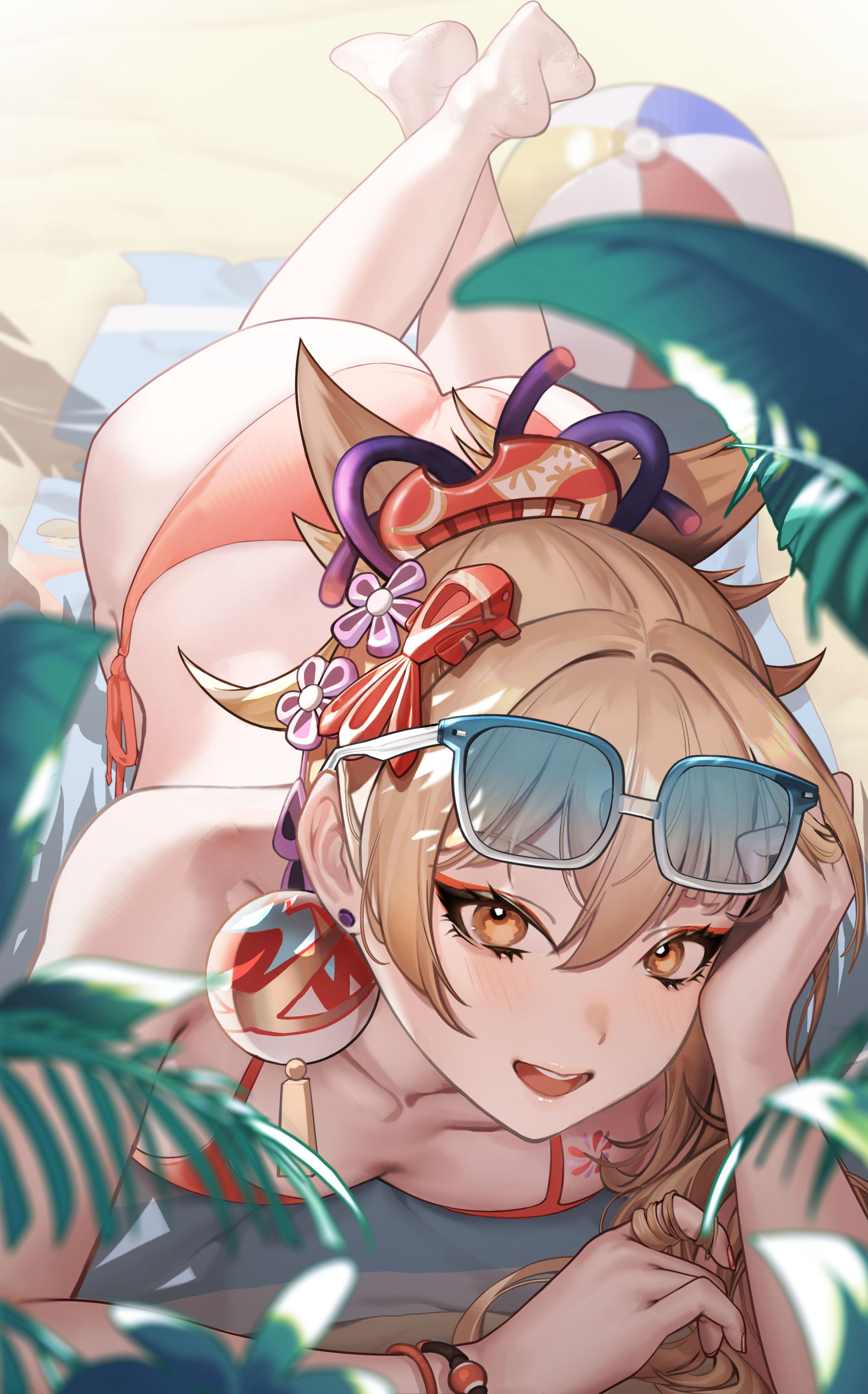 artist request, ass, beach, big ass, big butt, bikini, blonde female, blonde hair, blush, breast press, breasts, feet, female, genshin impact, human, looking at viewer, lying, smile, sunbathing, yoimiya (genshin impact)
