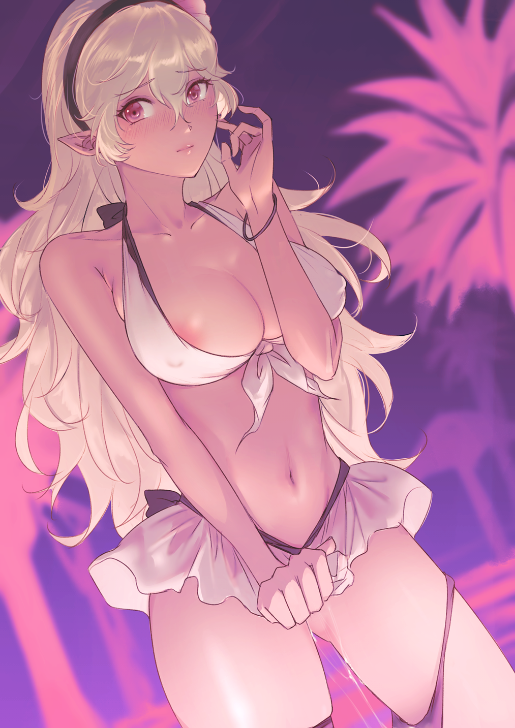 1girls alternate_costume areola_slip bare_midriff bare_shoulders bare_thighs bikini bikini_around_one_leg bikini_pull bikini_skirt black_hairband blonde_female blonde_hair blush bracelet breasts cleavage closed_mouth collarbone corrin_(fire_emblem) corrin_(fire_emblem)_(female) corrin_(summer)_(fire_emblem)_(female) covered_nipples covering covering_crotch cowboy_shot female female_only fire_emblem fire_emblem_fates fire_emblem_heroes frilled_bikini frilled_skirt frills front-tie_bikini front-tie_top hairband hand_up highres horny jewelry jtaka large_breasts long_hair looking_at_viewer midriff navel nintendo official_alternate_costume outdoors palm_tree pink_background pointy_ears pussy_juice red_eyes ribbon skindentation smile solo swimsuit thighs tree very_long_hair wet_pussy white_bikini white_ribbon white_swimsuit