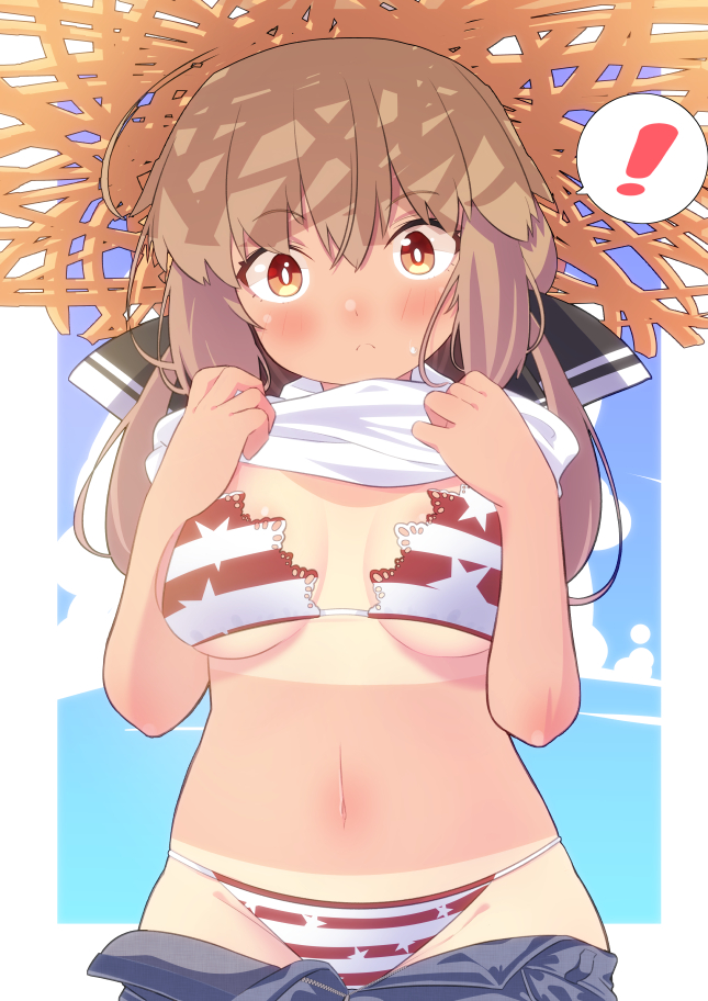 ! alternate_costume bikini black_bow bow breasts brown_eyes brown_hair female hairbow hat kantai_collection long_hair low_twintails medium_breasts navel print_bikini sanninme_no_haru solo speech_bubble spoken_exclamation_mark star_(symbol) star_print straw_hat striped striped_bikini sun_hat swimsuit tan tanlines tashkent_(kantai_collection) twintails