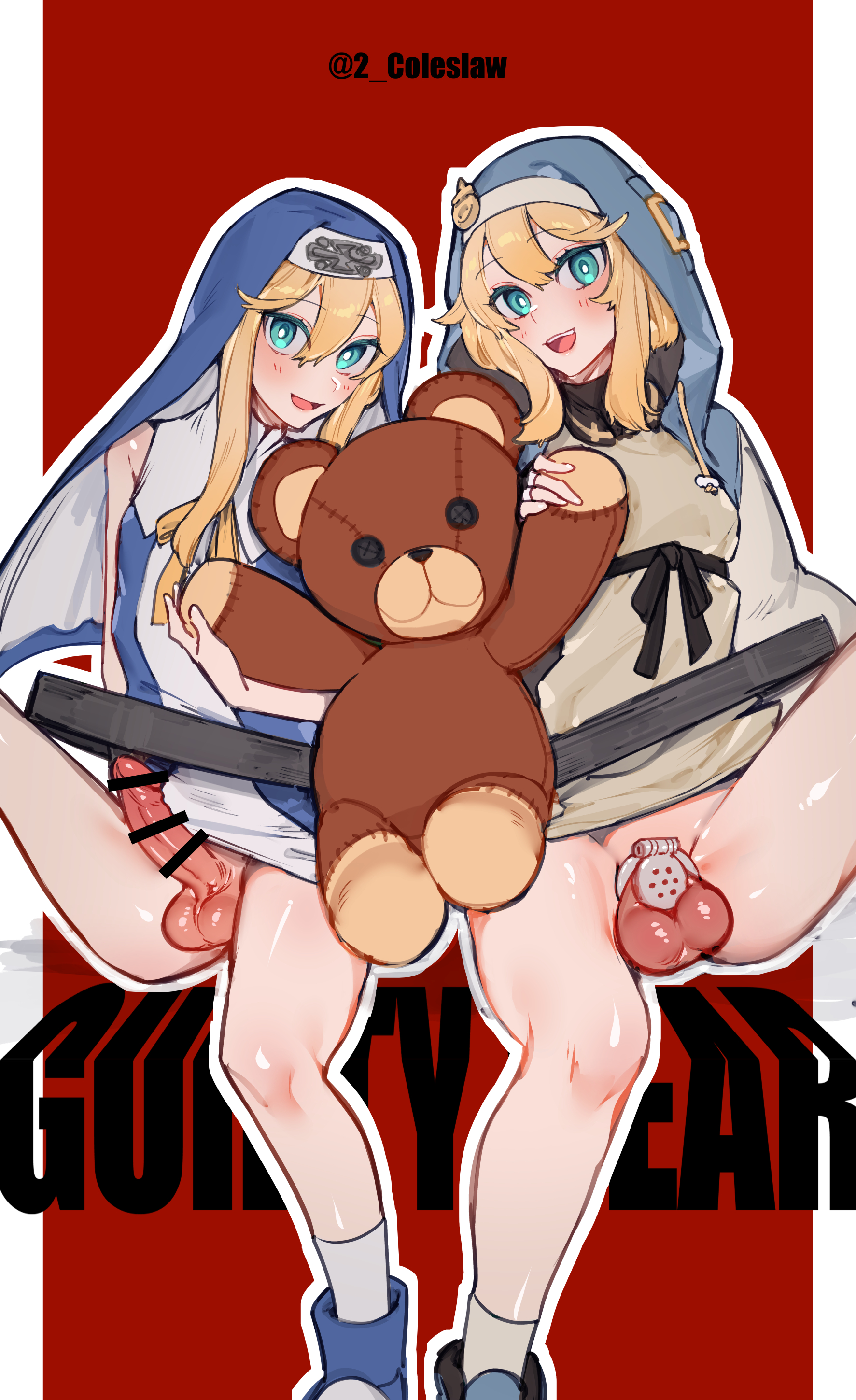 2boys, balls, blonde hair, bridget, caged, censor bar, censored, chastity, chastity cage, chastity device, cock cage, dual persona, erection, femboy, fingerless gloves, flat chastity cage, girly, gloves, green eyes, guilty gear, guilty gear strive, habit, hair between eyes, hood, hoodie, long hair, looking at viewer, male, male only, mirin chikuwa, open clothes, open hoodie, open mouth, otoko no ko, outline, penis, penis cage, penis size difference, pre-transition, red background, sitting, small penis, smile, socks, stuffed animal, stuffed toy, teddy bear, teeth, testicles, two-tone background, upper teeth, white background, white outline