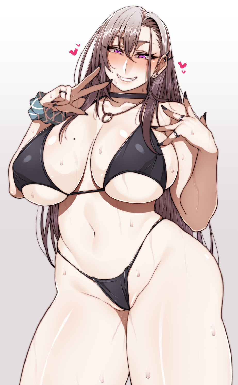 bikini black_nail_polish blush curvy_figure fangs goth_girl huge_breasts iroha_akutsu korotsuke looking_at_viewer pale-skinned_female purple_eyes smiling_at_viewer solo_female sweat the_creepy_glasses_girl thick_thighs voluptuous wide_hips