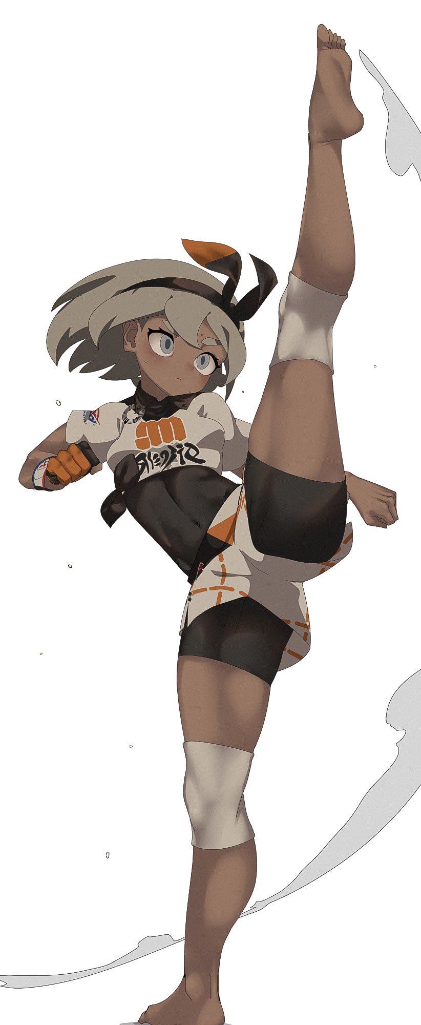 1girls, action pose, barefoot, bea (pokemon), breasts, female, game freak, gym leader, hizake, kashu (hizake), nintendo, pokemon, pokemon ss, pose, small breasts, solo, sportswear, thighs