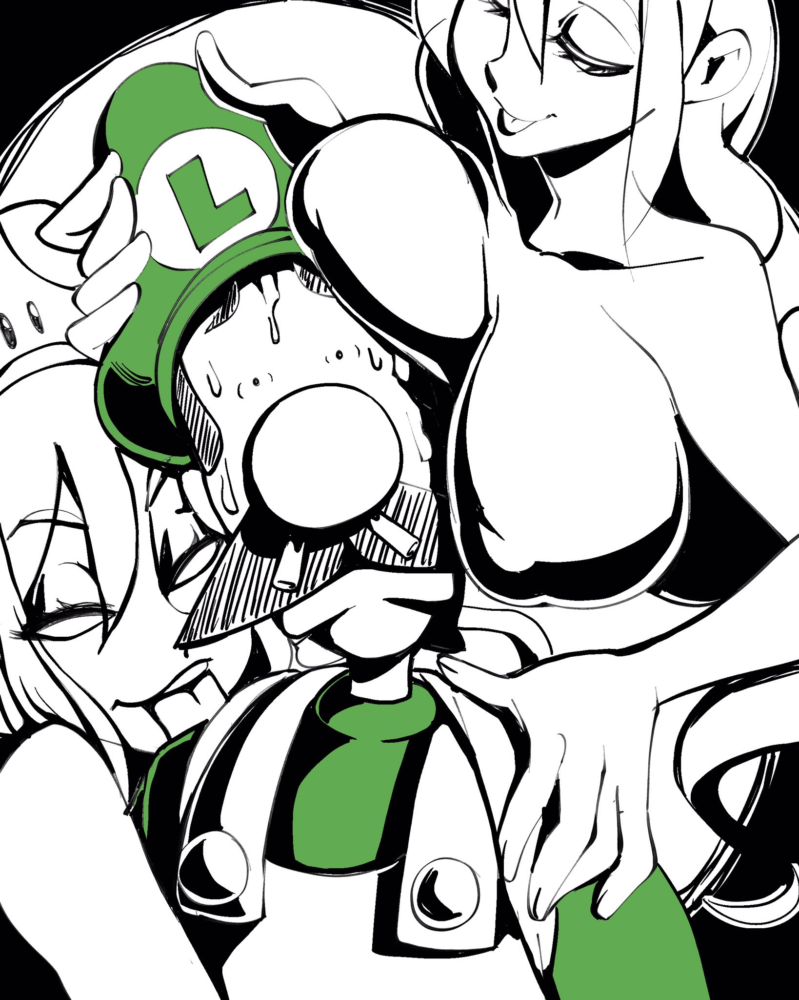 1boy, 2019, 2girls, areolae, big breasts, black and white, breast smother, breasts, crown, female, ghost girl, greenie, greeniette, huge breasts, licking, living the dream, luigi, luigi's mansion, male, mario (series), new super mario bros. u deluxe, nintendo, nisego, overalls, seductive, super crown, sweat, tongue, tongue out