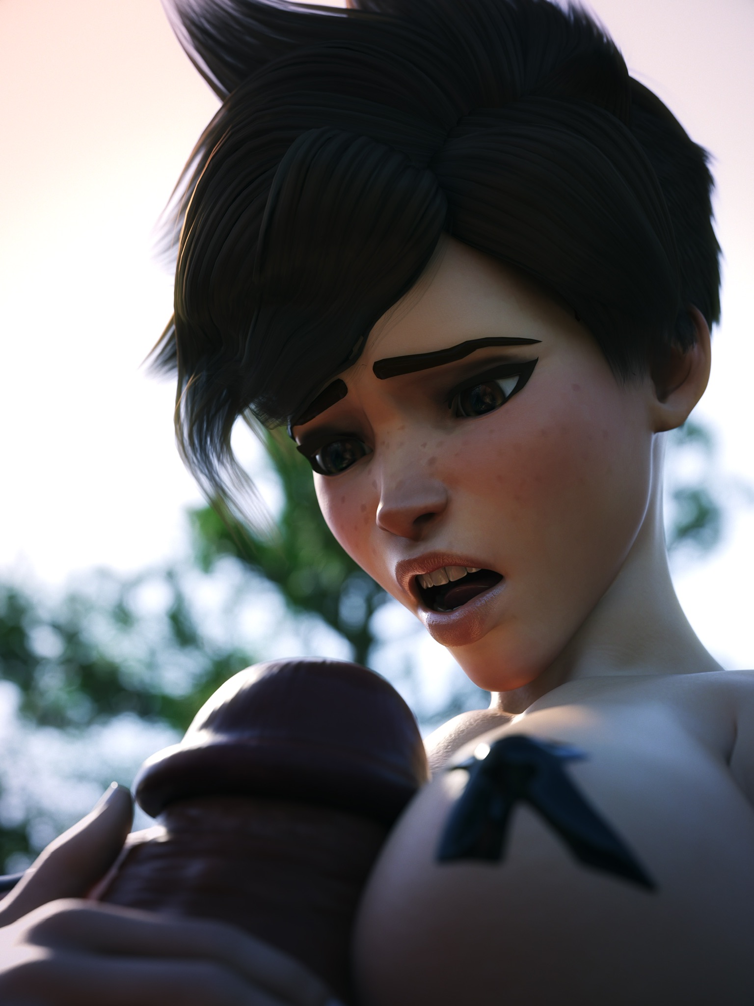 1futa, 1girls, 3d, big breasts, big nipples, breasts, british, brown hair, cleavage, close-up, cock shock, dark skin, female, freckles, futanari, glossy lips, holding penis, huge cock, intersex, looking at penis, looking down, nipple covers, nipple tape, overwatch, paizuri, penis, penis awe, penis between breasts, pharah, salamandraninja, scared expression, short hair, tracer