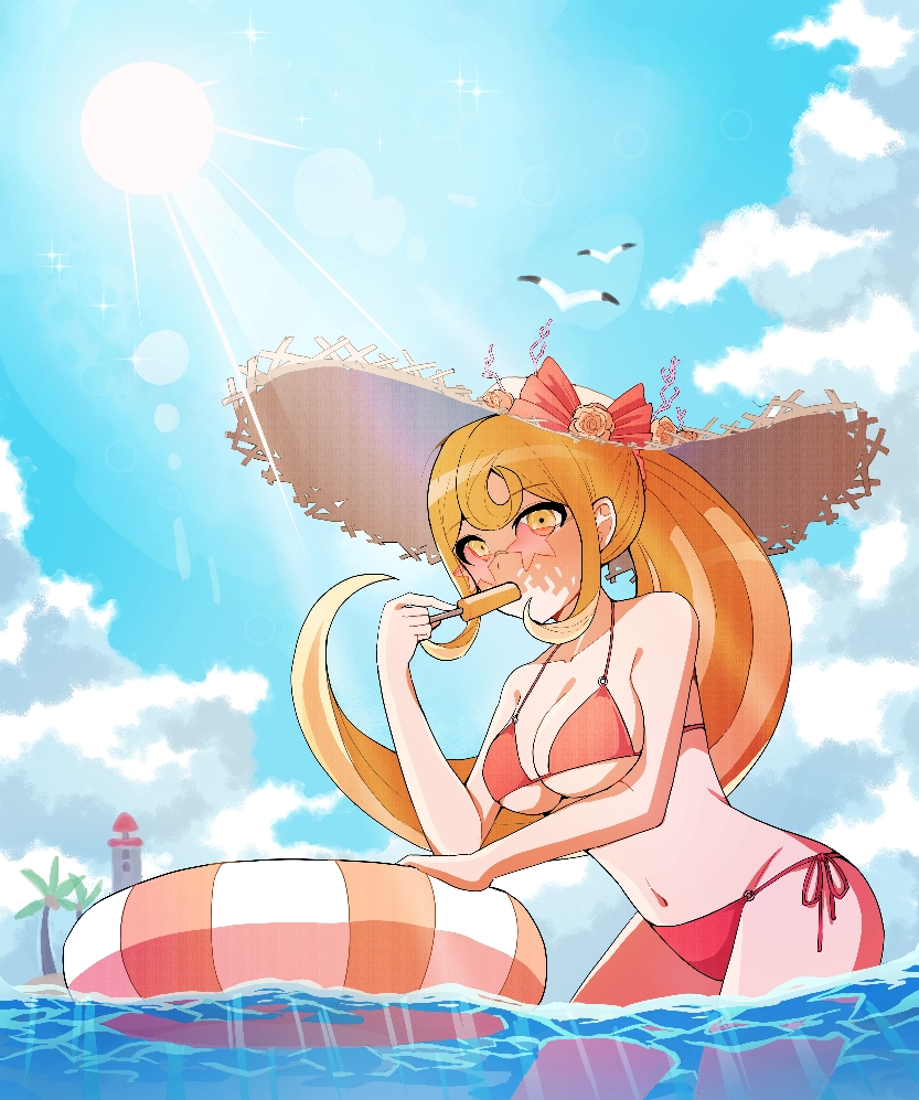 1girls beach big_breasts big_hat bikini blonde_female blonde_hair blue_water bow breasts cloud clouds cloudy_sky danganronpa danganronpa_2:_goodbye_despair danganronpa_s:_ultimate_summer_camp eyebrows_visible_through_hair female female_only glasses hat ice_cream light-skinned_female light_skin lighthouse linen orange_bikini orange_eyes orange_hair palm_tree popsicle popsicle_in_mouth popsicle_stick red_bikini red_bikini_bottom red_bikini_top saionji_hiyoko sea seagull seagulls sky smooth_skin star star_shades stars straw_hat sun sunglasses sunglasses_on_face sunny super_danganronpa_2 water