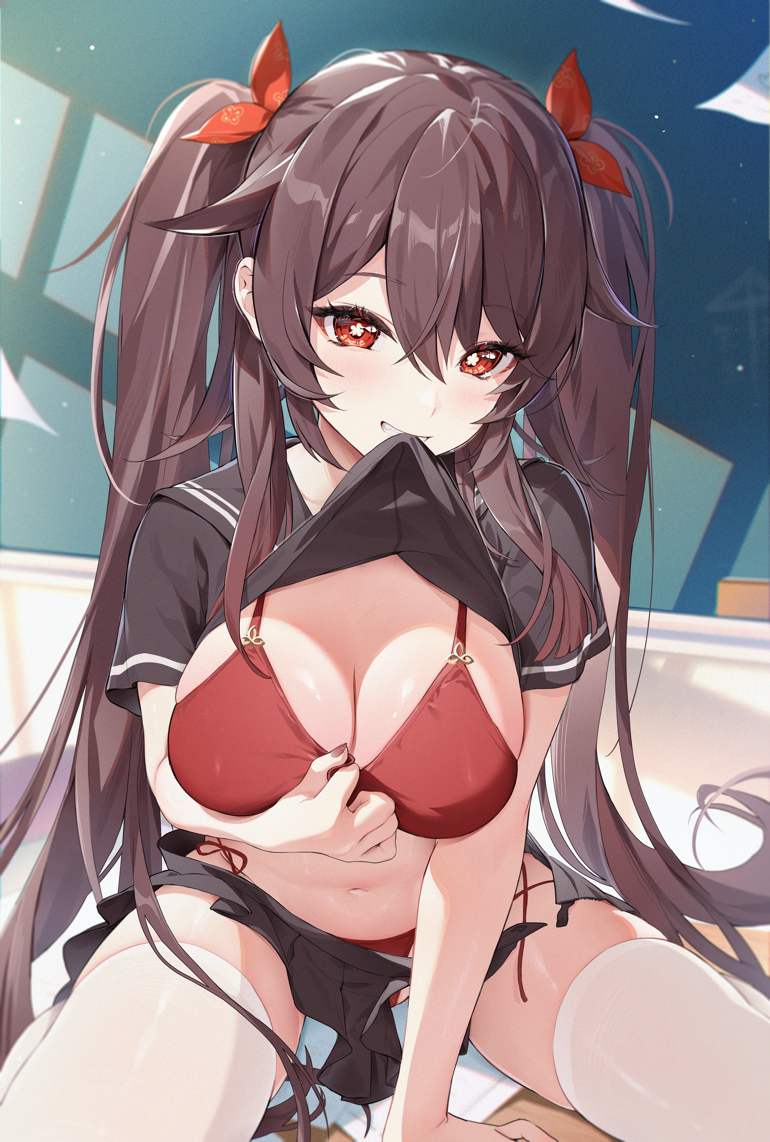 1girls, 2022, absurd res, alternate breast size, bikini, bikini under clothes, breasts, brown hair, classroom, female, female only, genshin impact, hips, houkiboshi (mmjw7432), hu tao (genshin impact), huge breasts, indoors, long hair, looking at viewer, naughty face, red bikini, red eyes, school uniform, schoolgirl, skindentation, slim waist, smile, suggestive look, symbol-shaped pupils, thick thighs, thighhighs, thighs, top lift, wide hips