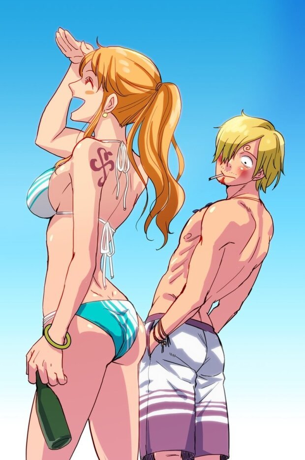 1boy 1boy1girl 1girls arms_up ass ass_awe beard bikini blush bra bra_strap bracelet cigarette closed_eyes female hand_on_head holding_bottle holding_object iga_guri long_hair looking_at_ass male muscular nami nami_(one_piece) one_eye_closed one_piece orange_hair pants shirtless shirtless_(male) short_hair smooth_skin smooth_skinned_male swimsuit swirly_eyebrows tagme_(artist) tattoo vinsmoke_sanji yellow_hair