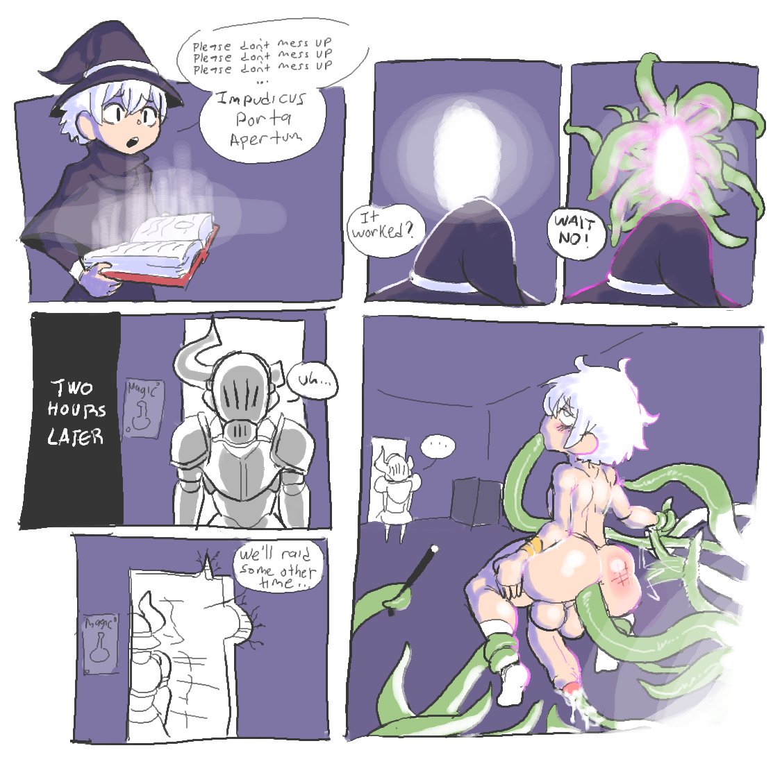 2boys, balls, clothing, comic, cum, femboy, hung trap, knight, lewdicrousart, light skin, light-skinned femboy, male, male only, male penetrated, male urethral insertion, male witch, monster, no clothes, nude, original character, penile urethral insertion, penis, portal, ring, sex, socks, summoning, summoning gone wrong, tentacle, tentacle sex, text, urethral, urethral insertion, white hair, witch, witch hat, wizard