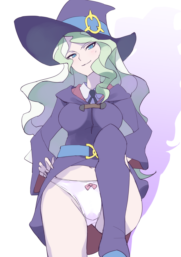 1girls belly belly_buttom big_breasts blue_eyes blush blushing breasts british cabbage_hair clothed coveredcore diana_cavendish female female_only fully_clothed green_hair lifting_clothing lifting_dress light_blush light_green_hair little_witch_academia long_hair panties revealing_panties seductive seductive_eyes seductive_look showing_panties slight_blush smile smiling studio_trigger sweat sweatdrop themanyyoukilled thighs tummy white_background witch witch_costume witch_hat witch_outfit