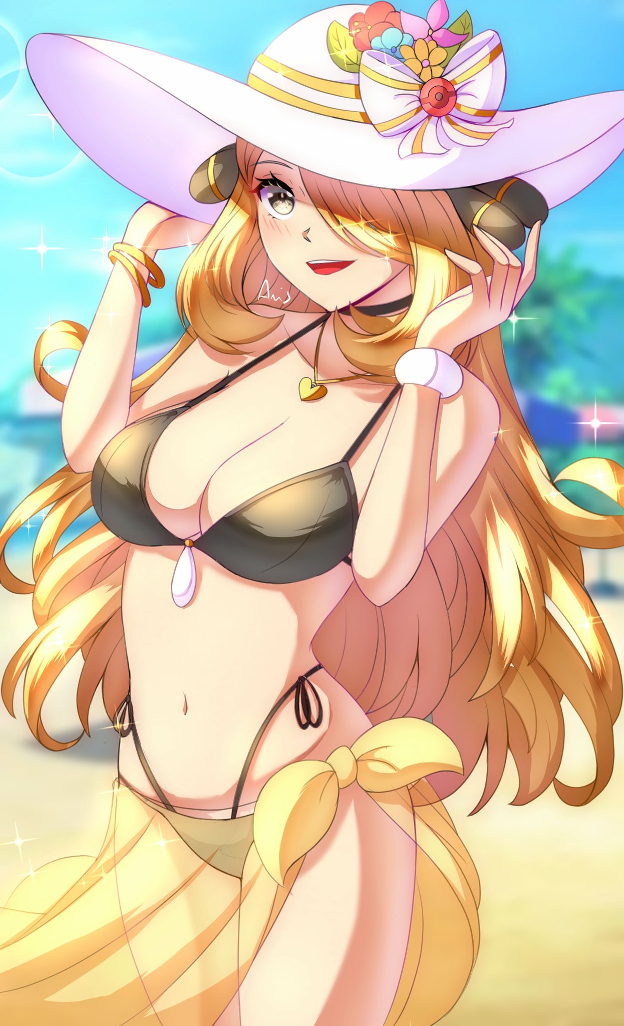 anisdrawn, bikini, blonde female, blonde hair, breasts, cynthia (pokemon), female, female only, large breasts, nintendo, pokemon, solo, swimsuit, tagme