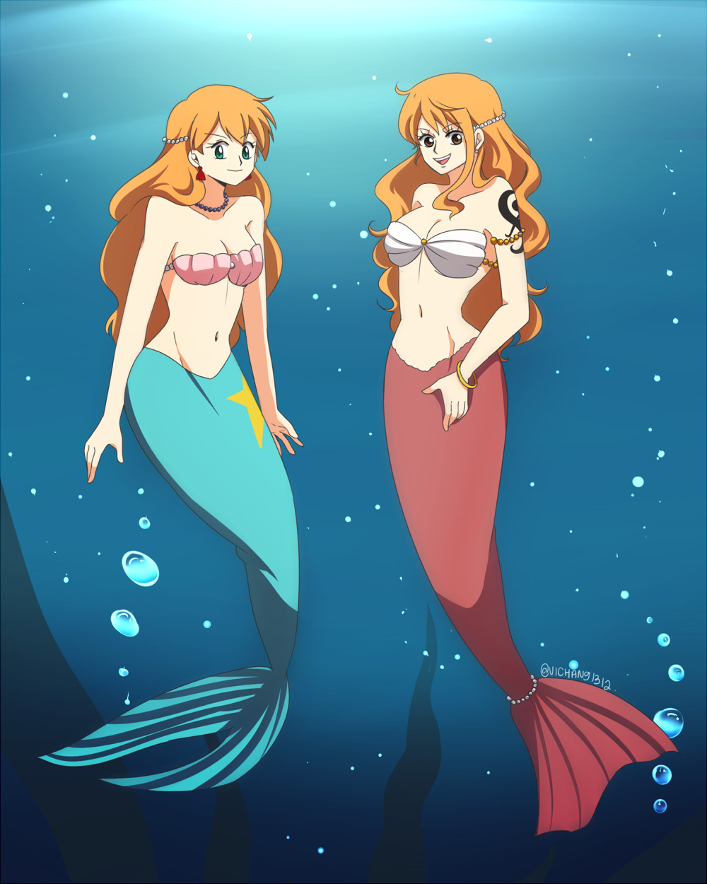 2_mermaids 2girls 5_fingers alluring bangs bare_arms bare_midriff bare_shoulders bare_thighs bikini blue_tail blush breasts clam creatures_(company) crossover earrings exposed_midriff exposed_navel female female_only full_body game_freak green_eyes hair_ornament high_res jewelry kasumi_(pokemon) long_hair looking_at_viewer medium_breasts mermaid mermaid_costume mermaid_kasumi_(pokemon) mermaid_misty_(pokemon) mermaid_only midriff misty_(pokemon) multiple_girls nami navel necklace nintendo one_piece orange_hair pokemon pokemon_(anime) pokemon_(classic_anime) red_hair red_tail seashell seductive shell shell_bikini shiny shiny_hair shounen_jump signature smile star_(symbol) swimsuit tattooed_arm underwater vichan91312 water wet