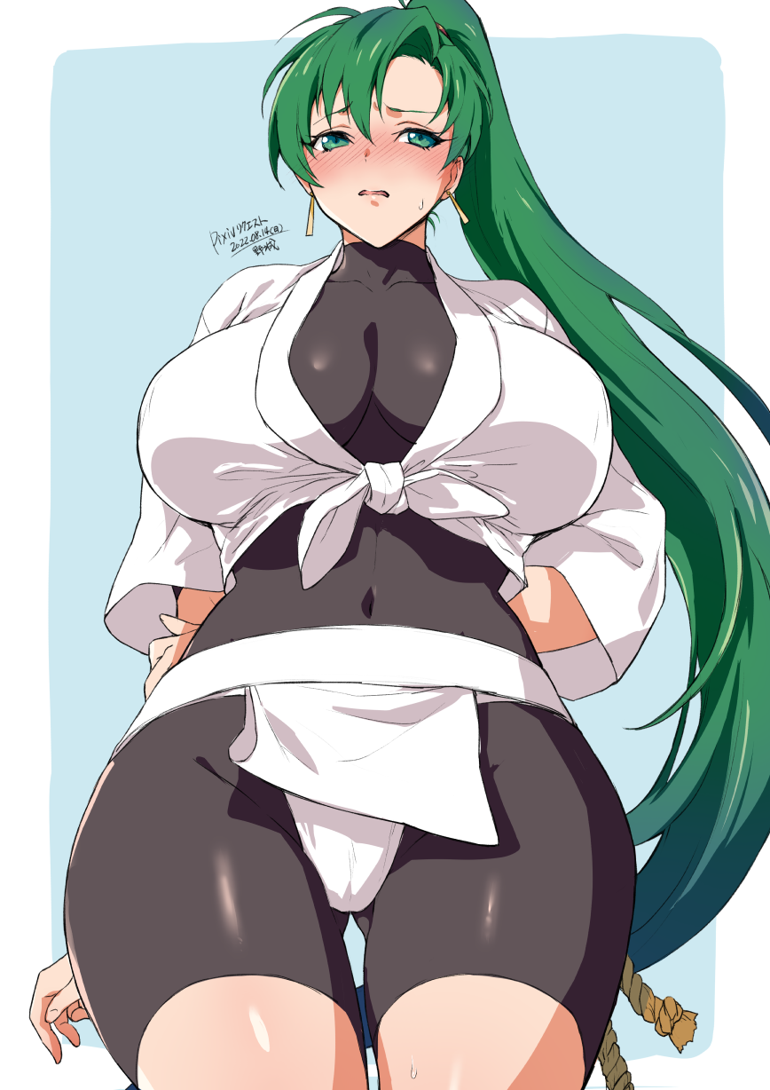 1girls arms_behind_back ass_visible_through_thighs bodystocking breasts cleavage earrings embarrassed female female_only fire_emblem fire_emblem:_the_blazing_blade from_below fundoshi grabbing_own_arm green_eyes green_hair japanese_clothes large_breasts long_hair looking_away lyn_(fire_emblem) midriff navel nintendo open_clothes open_mouth panties pelvic_curtain shirt simple_background solo standing thighs undressing very_long_hair white_panties yajiro_masaru yamakasa