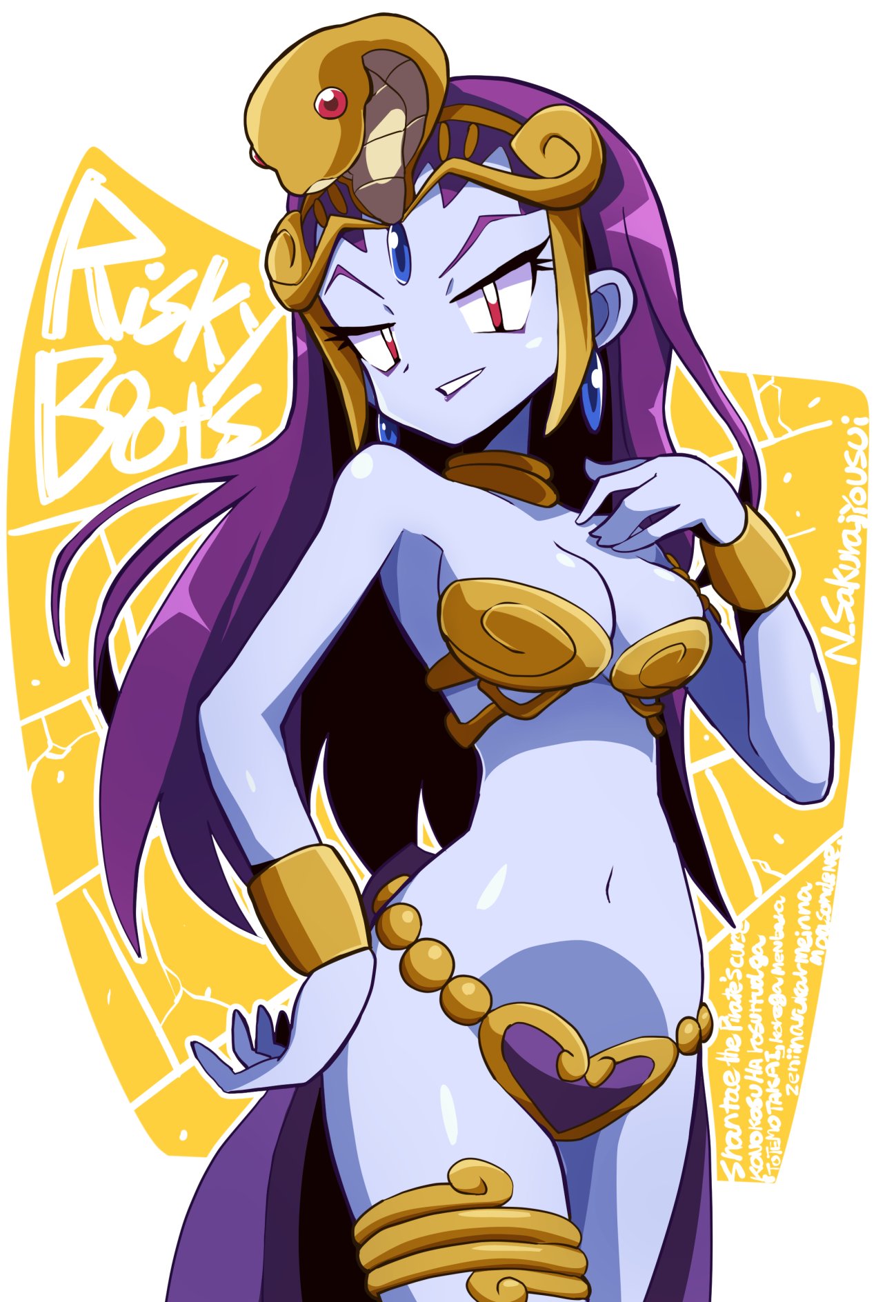 1girls, alternate costume, belly button, breasts, dancer risky boots, female, female focus, female only, light skin, light-skinned female, looking at viewer, n sakurajyousui, navel, pale skin, pale-skinned female, purple hair, purple skin, red eyes, revealing clothes, risky boots, shantae, shiny skin, skimpy armor, solo, tagme