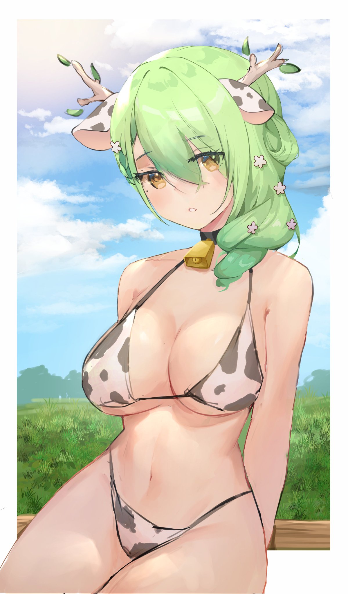 beauty mark, bell collar, bikini, bikini bottom, bikini top, ceres fauna, choker, cow bikini, cow ears, cow print, cowbell, female, flowers in hair, green hair, hololive, hololive english, hololive english -council-, hololive english -promise-, horns, looking at viewer, nature background, pov, pov eye contact, virtual youtuber, yellow eyes