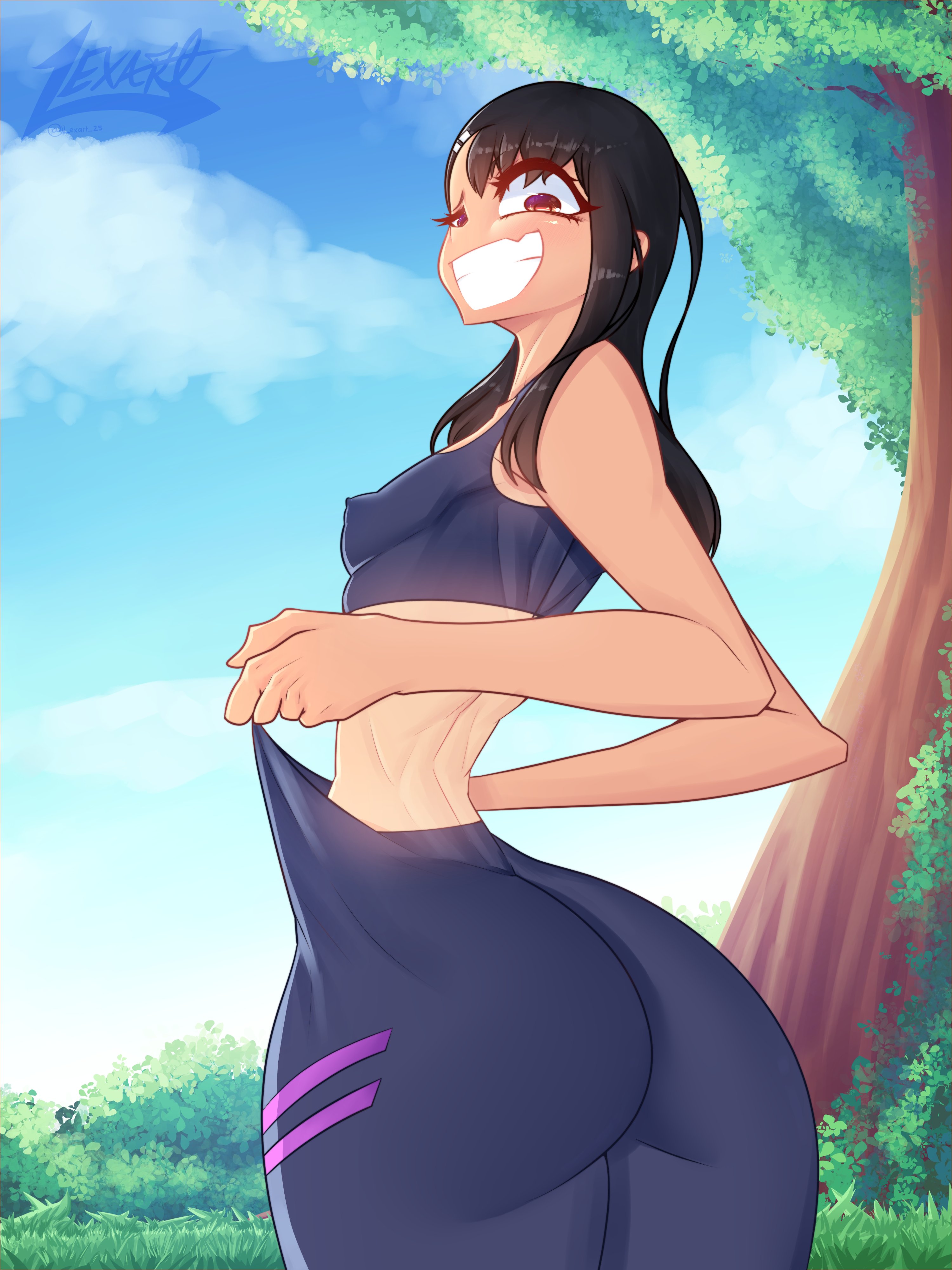 1girls, 2021, absurd res, ass, big ass, black hair, bottom heavy, breasts, clothing pull, detailed background, female, female only, flat chest, hayase nagatoro, huge ass, lexart thighzzzz, long hair, looking at viewer, nipple bulge, one eye half-closed, orange eyes, please don't bully me, nagatoro, small breasts, smiling, smiling at viewer, smug, solo, solo female, sportswear, tan skin, tanned, teeth showing, tight clothing