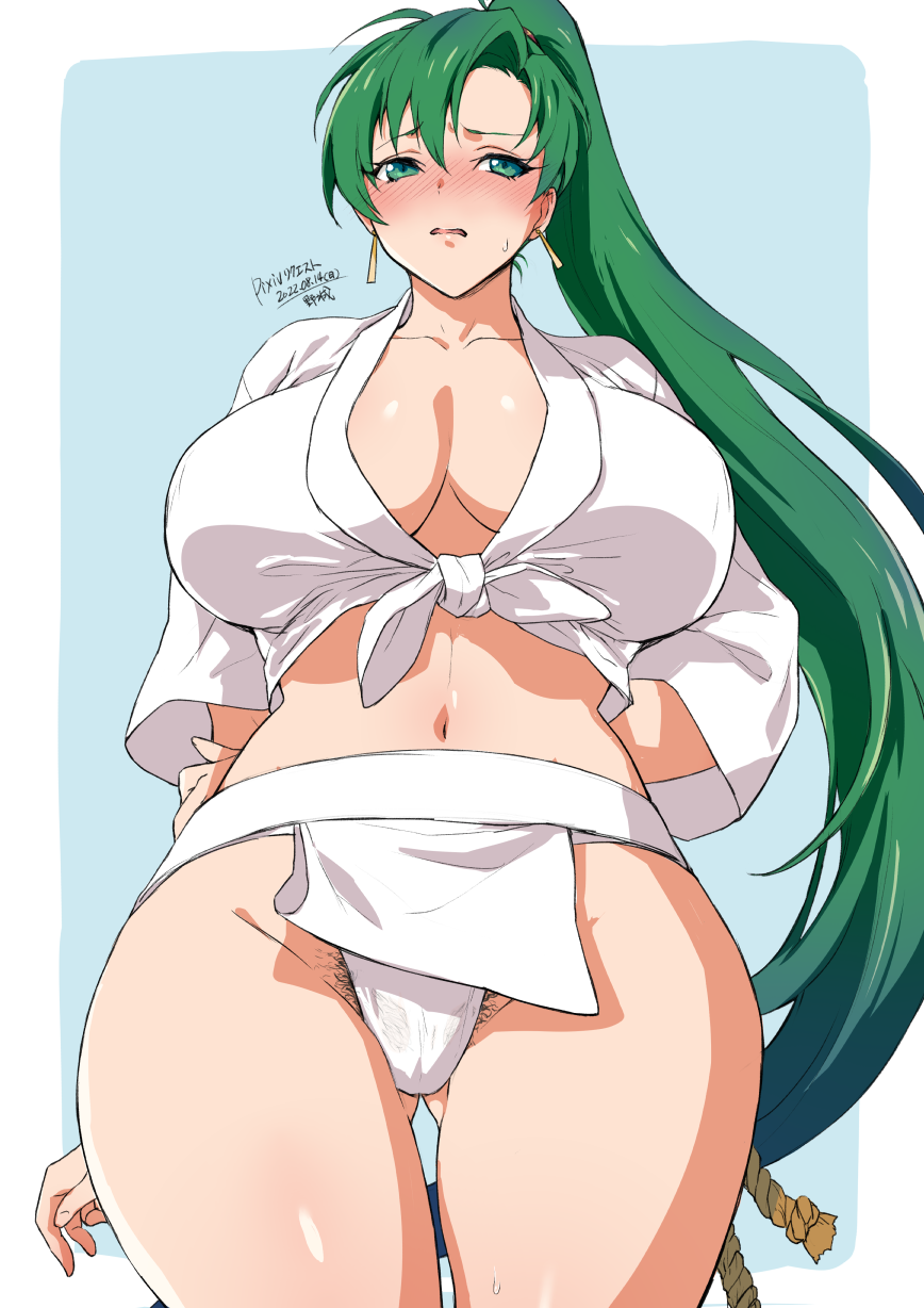 1girls arms_behind_back ass_visible_through_thighs bare_midriff bare_thighs blush breasts cleavage earrings embarrassed female female_only female_pubic_hair fire_emblem fire_emblem:_the_blazing_blade from_below fundoshi grabbing_own_arm green_eyes green_hair huge_breasts japanese_clothes long_hair looking_away lyn_(fire_emblem) midriff navel nintendo open_clothes open_mouth panties pelvic_curtain pubic_hair pubic_hair_peek shirt solo thighs undressing very_long_hair white_panties yajiro_masaru yamakasa