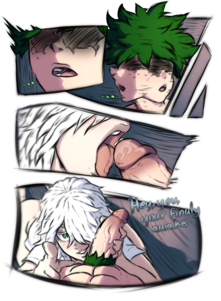 2boys ass blowjob clothed clothing confusion dialog dialogue eyes_covered female female_focus green_eyes green_hair hair handjob hensket izuku_midoriya lips long_hair male/female my_hero_academia open_mouth oral oral_sex pale-skinned_female pale_skin penis pointing rule_63 shirt short_sleeves smile smiling spit straight suprised thick_lips thighhighs tongue tongue_out wet white_hair yoichi_shigaraki