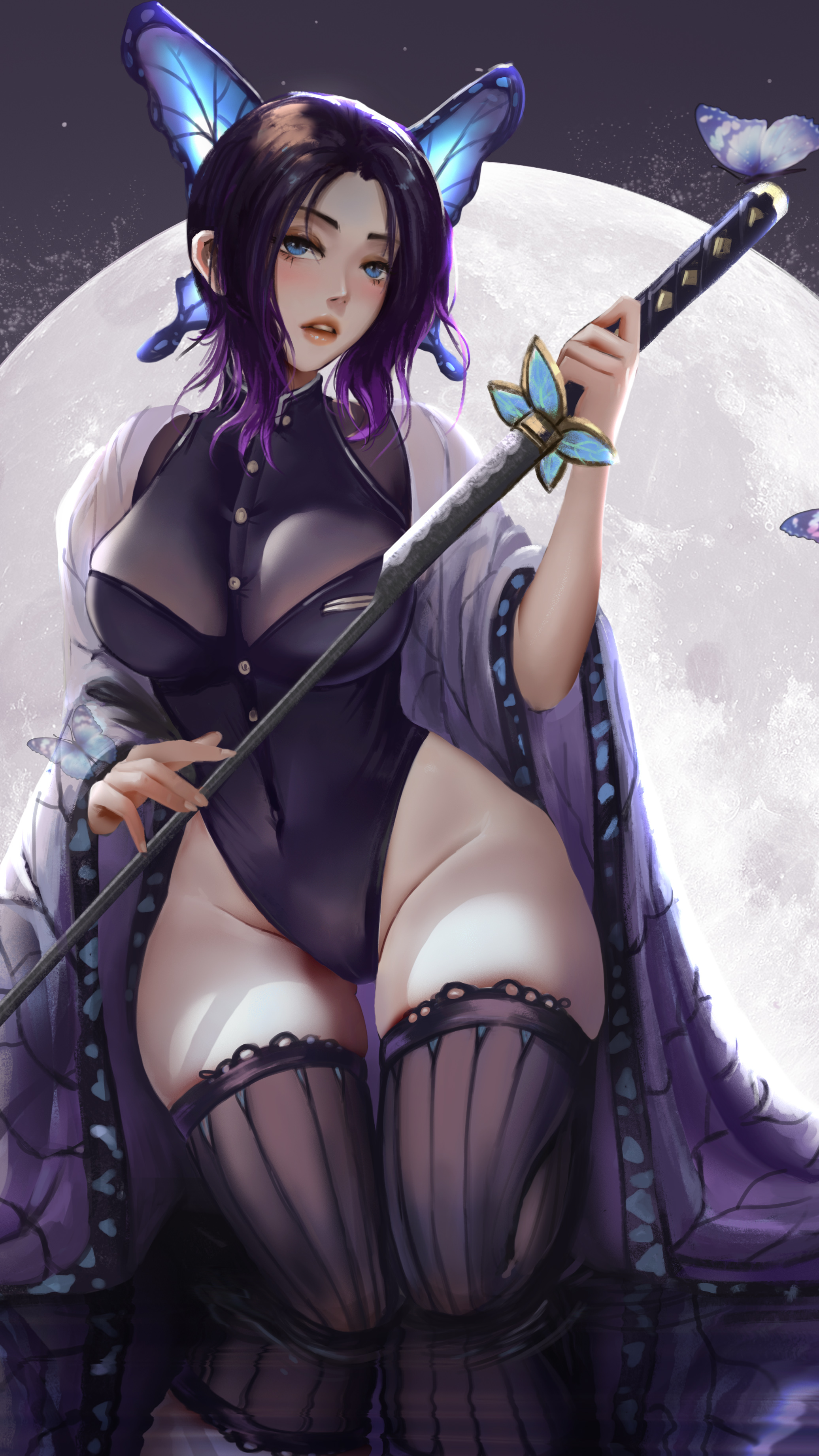 alternate costume, big breasts, black hair, black legwear, black leotard, black thighhighs, blue eyes, blush, breasts, butterfly hair ornament, demon slayer, female, female only, gradient hair, haori, katana, kimetsu no yaiba, kneeling, kochou shinobu, lace-trimmed thighhighs, leotard, looking at viewer, parted lips, ribbed legwear, skin tight, solo, stockings, sword, thick thighs, thighhighs, tight clothing, two-tone hair, weapon, wide hips, zettai ryouiki, zyd