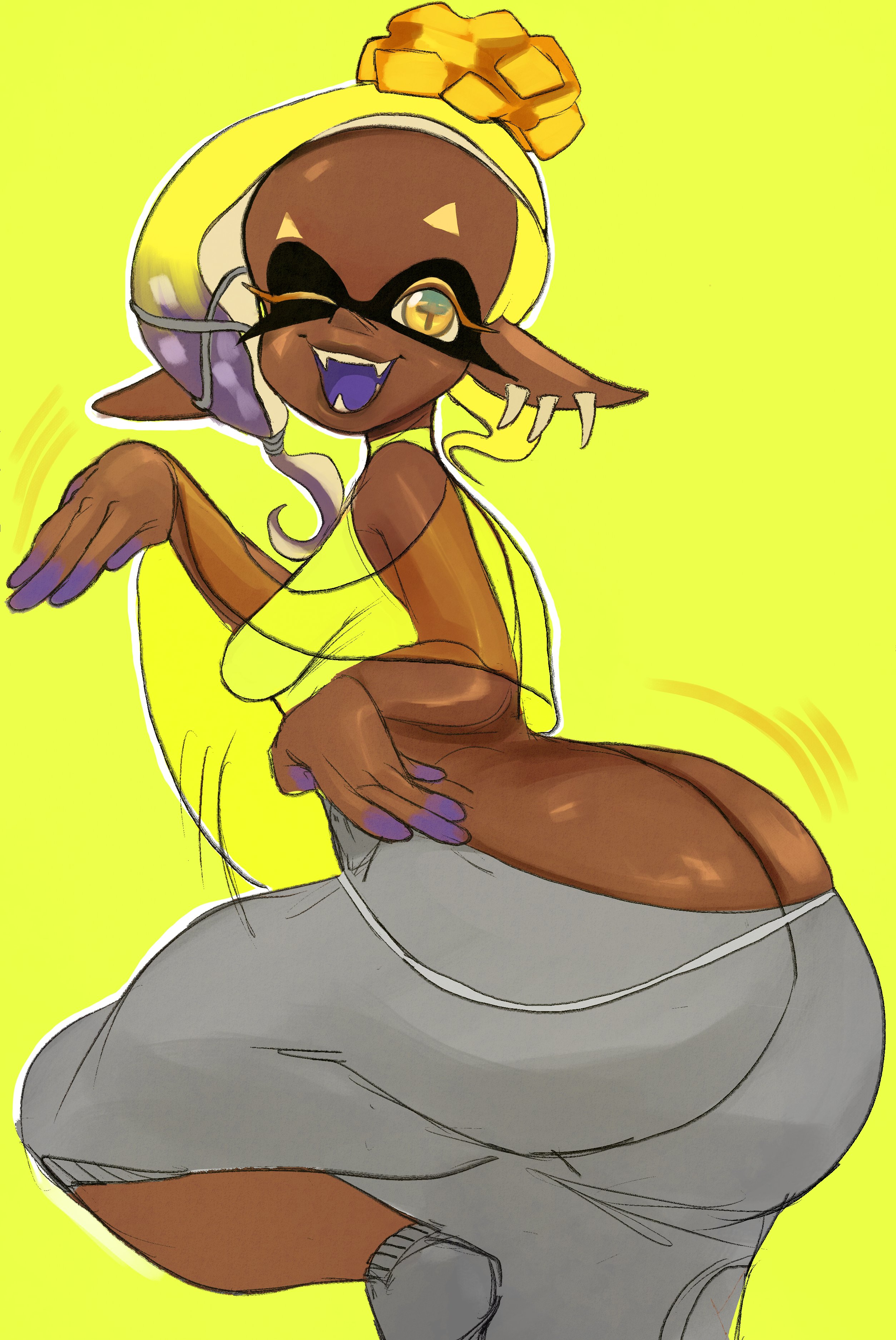 1girls, ass, ass cleavage, ass crack, big ass, bottom heavy, breasts, butt crack, dark skin, dark-skinned female, deep cut (splatoon), female, female focus, female only, frye (splatoon), huge ass, huge butt, humanoid, inkling, looking at viewer, nintendo, pointy ears, pyredaemos, small breasts, solo, solo female, splatoon, splatoon 3, standing, tentacle hair, thick thighs, thighs, wink, yellow eyes, yellow theme