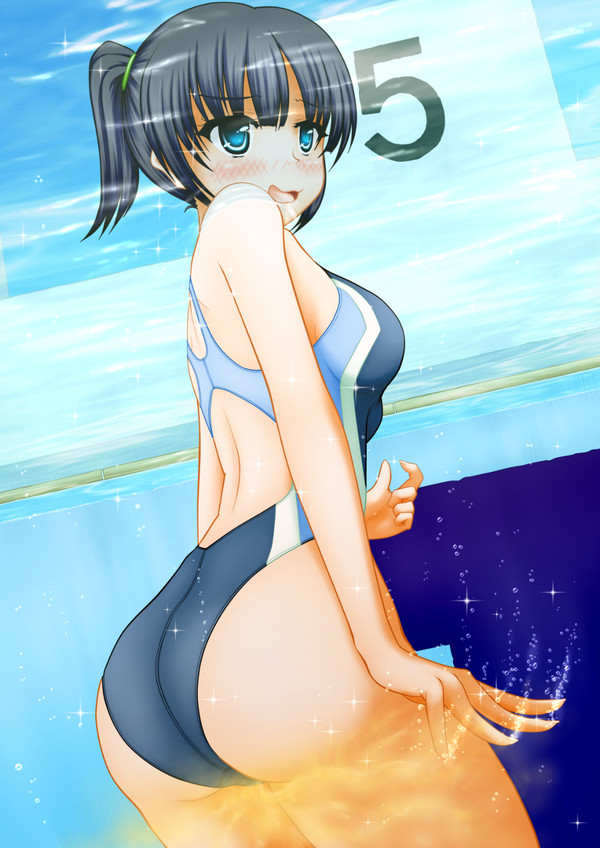 ass back_view blush embarrassed medium_breasts nervous one-piece_swimsuit peeing peeing_in_pool peeing_in_swimsuit peeing_self peeing_underwater pullpull15 swimsuit swimwear urinating_female water