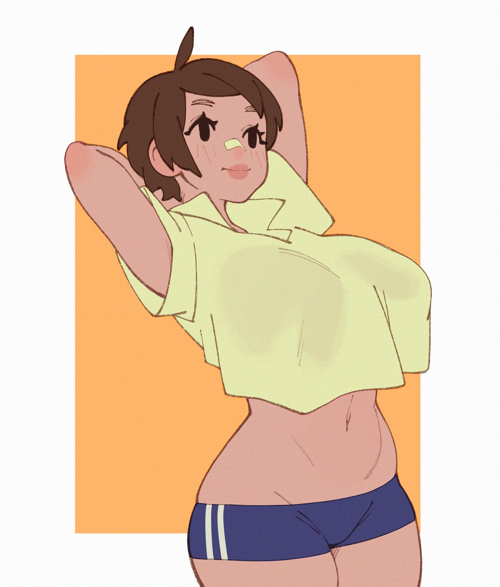 1girls, 2022, big breasts, breasts, clothed, clothing, cute, female, female focus, fully clothed, hips, looking away, loose clothes, no bra, original, original character, rizdraws, short shorts, small waist, solo, solo focus, tomboy, unnamed character, very short hair, white border