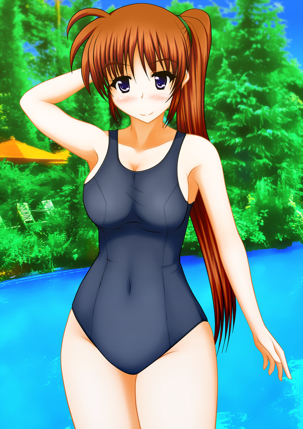 in_pool mahou_shoujo_lyrical_nanoha mahou_shoujo_lyrical_nanoha_strikers nanoha_takamachi one-piece_swimsuit outdoors pool pullpull15 standing standing_in_water swimming_pool swimsuit swimwear tagme