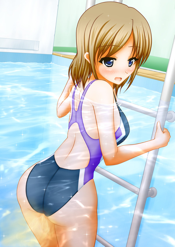 blush climbing_ladder ladder large_breasts looking_back one-piece_swimsuit peeing peeing_in_pool peeing_in_swimsuit peeing_self peeing_underwater pool pool_ladder pullpull15 swimming_pool swimsuit swimwear urinating_female water wetting wetting_self