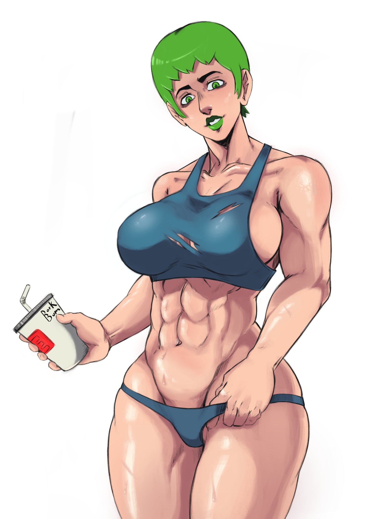 1girls, abs, alternate version available, biceps, big breasts, blue thong, breasts, busty, curvy, dorkbum, eye contact, female, female focus, female only, foo fighters, green eyes, green hair, green lips, green lipstick, holding container, holding object, jojo's bizarre adventure, large breasts, light skin, light-skinned female, lipstick, looking at viewer, muscular, muscular female, pov eye contact, ripped clothing, short hair, shounen jump, simple background, solo, solo female, solo focus, sports bra, stone ocean, sweat, sweatdrop, tagme, thick thighs, thighs, thong, toned, toned female, torn clothes, torn clothing, torn topwear, voluptuous, white background, workout clothes