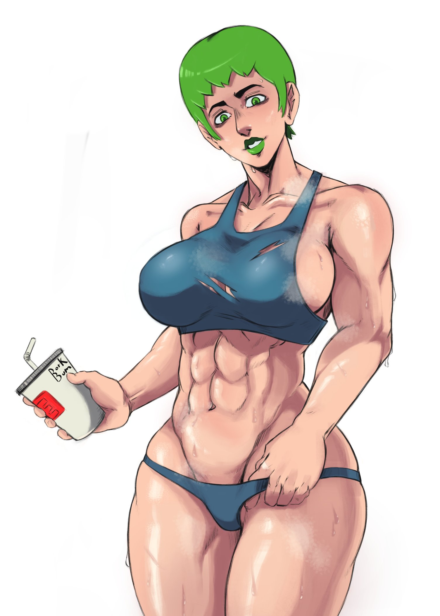 1girls, 2021, abs, alternate version available, biceps, big breasts, blue thong, breasts, busty, curvy, dorkbum, eye contact, female, female focus, female only, foo fighters, green eyes, green hair, green lips, green lipstick, holding container, holding object, jojo's bizarre adventure, large breasts, light skin, light-skinned female, lipstick, looking at viewer, muscular, muscular female, pov eye contact, ripped clothing, short hair, simple background, solo, solo female, solo focus, sports bra, steam, steaming, steaming body, steamy, stone ocean, sweat, sweatdrop, sweating profusely, thick thighs, thighs, thong, toned, toned female, torn clothes, torn clothing, torn topwear, voluptuous, white background, workout clothes