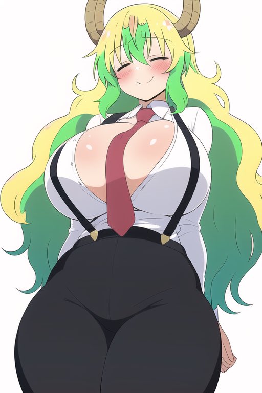 ai generated, big breasts, blushing, breasts, cute, female, green hair, horns, lucoa, lucoa (maidragon), mature, mature female, miss kobayashi's dragon maid, nai diffusion, quetzalcoatl (dragon maid), see-through clothing, shiny breasts, stable diffusion, suspenders, tie, yellow hair