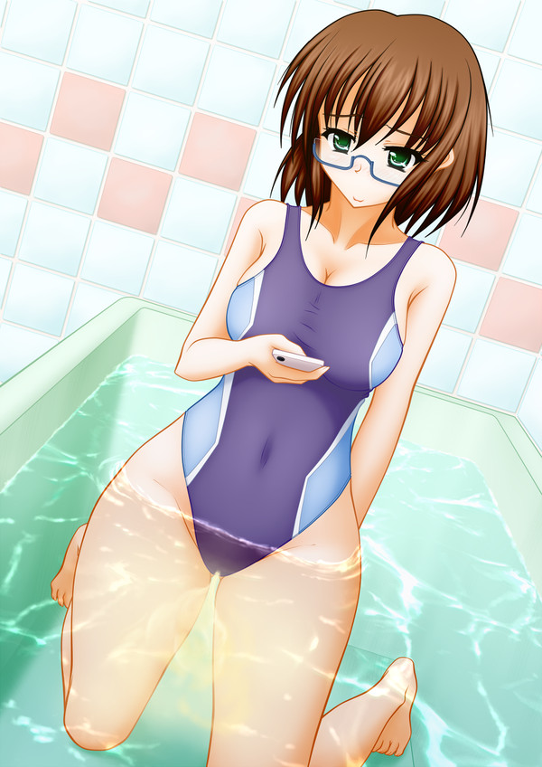 bath bathtub glasses holding_phone in_bath large_breasts one-piece_swimsuit peeing peeing_in_bath peeing_in_swimsuit peeing_self peeing_underwater pullpull15 swimsuit swimwear taking_picture urinating_female water wetting wetting_self