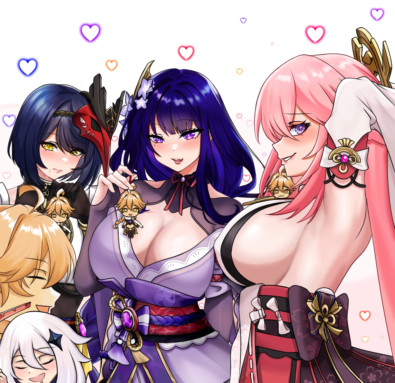 1boy, 3girls, aether (genshin impact), age difference, big breasts, breasts, cleavage, colored, drawing, female, genshin impact, horny female, kujou sara, long hair, male, mihoyo, paimon (genshin impact), raiden shogun, smiling, taller female, yae miko