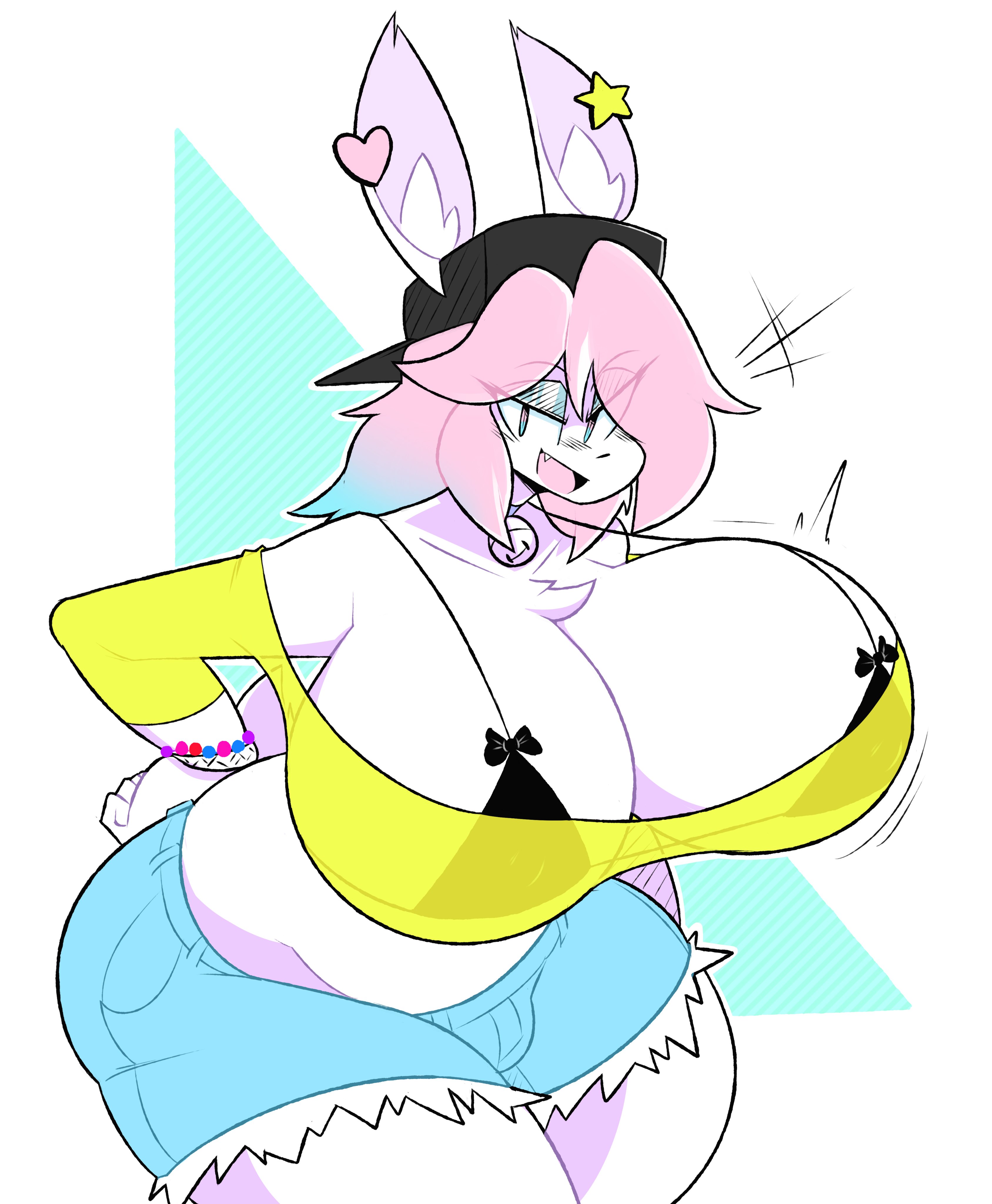 1boy, anthro, anthro only, big breasts, bikini top, breasts, bulge, bulge through clothing, bunny ears, busty, busty male, furry, furry only, huge breasts, huge chest, large breasts, looking at viewer, male, male with breasts, multicolored hair, nonarycubed, peanut butter (theycallhimcake), see-through clothing, short shorts, solo, solo focus, solo male, tagme