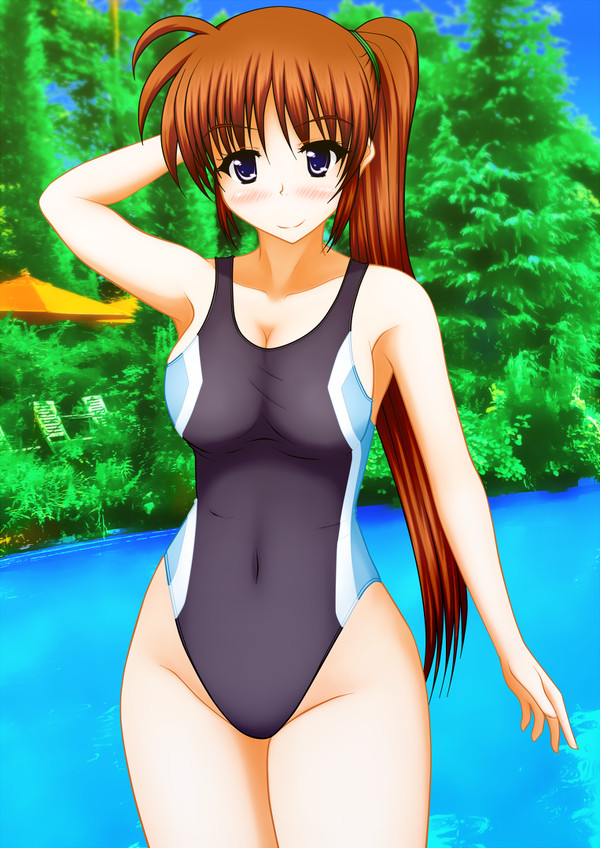 in_pool mahou_shoujo_lyrical_nanoha mahou_shoujo_lyrical_nanoha_strikers nanoha_takamachi one-piece_swimsuit outdoors pool pullpull15 standing standing_in_water swimming_pool swimsuit swimwear tagme