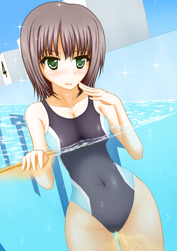 blush hand_under_chin large_breasts one-piece_swimsuit peeing peeing_in_pool peeing_self peeing_underwater pool pullpull15 standing_pee swimming_pool swimsuit swimwear urinating_female water wetting wetting_self