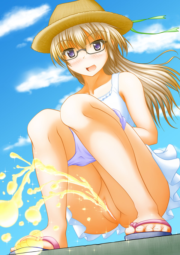 blush censored clothing dress glasses hat panties panties_around_leg panties_aside peeing peeing_into_pool peeing_self pullpull15 pussy straw_hat swimming upskirt wetting wetting_self