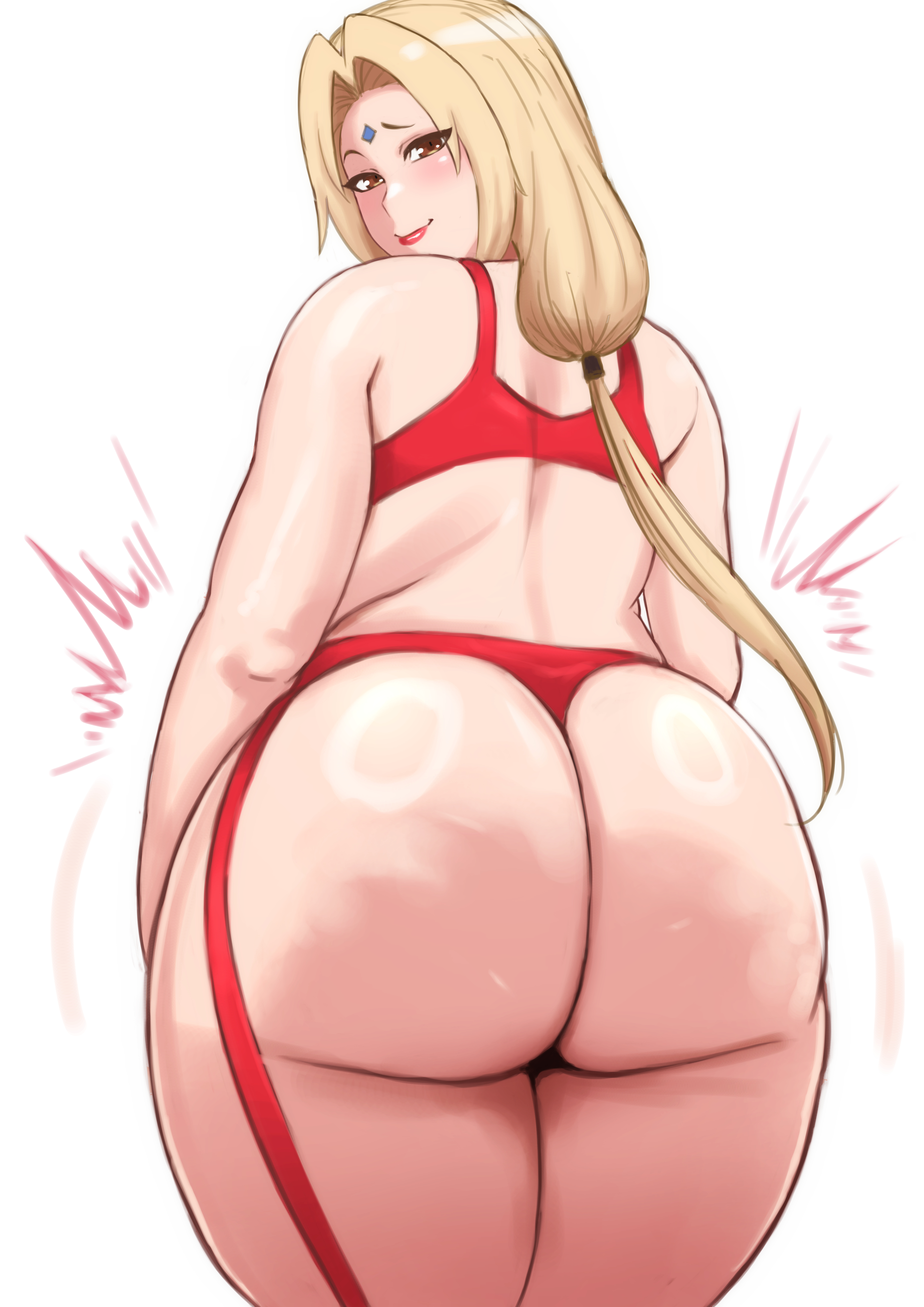 1girls, alternate version available, ass, back view, big ass, big butt, blonde female, blonde hair, blush, boruto: naruto next generations, bra, brown eyes, bubble ass, bubble butt, child bearing hips, clothing, curvaceous, curvy, curvy body, curvy female, curvy figure, eye contact, fat ass, female, female focus, female only, forehead jewel, forehead mark, highres, hourglass figure, huge ass, huge butt, large ass, light skin, light-skinned female, lips, lipstick, long hair, looking at viewer, looking back, makeup, mature, mature female, milf, narrowed eyes, naruto, naruto (classic), naruto (series), naruto shippuden, pale skin, pale-skinned female, panties, partially clothed, pink lips, pink lipstick, ponytail, pose, posing, presenting ass, presenting butt, red bra, red panties, red thong, seductive, seductive look, shiny skin, shounen jump, smile, smiling at viewer, solo, solo female, solo focus, standing, thick thighs, thighs, thong, tied hair, tsunade, underwear, voluptuous, wide hips, zxcv