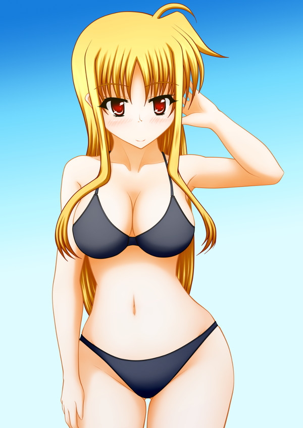 bikini bikini_bottom bikini_top black_bikini blonde_female blonde_hair fate_testarossa mahou_shoujo_lyrical_nanoha mahou_shoujo_lyrical_nanoha_strikers nanoha_takamachi pullpull15 standing swimsuit swimwear