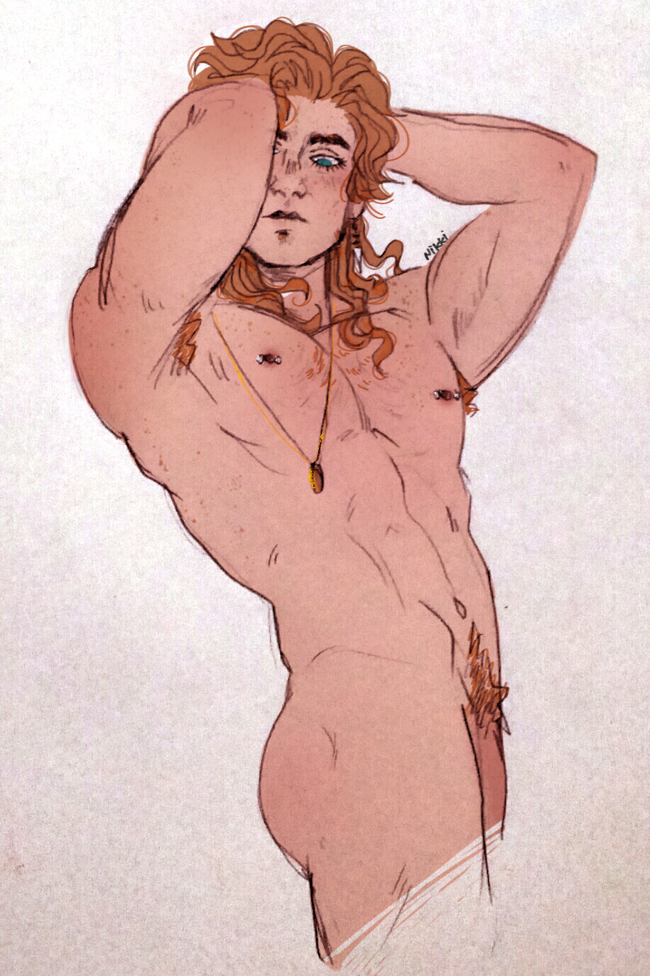 1boy, abs, aggressiveviking, armpit hair, armpit hair peek, armpits, arms behind head, billy hargrove, blue eyes, body hair, caucasian, caucasian male, chest hair, freckles, happy trail, long hair, male, male only, muscles, muscular, muscular male, necklace, nipple piercing, nipples, pecs, pectorals, penis, penis peek, pierced nipples, piercing, piercings, pubes, pubic hair, sketch, solo, solo male, stranger things, tasteful nudity