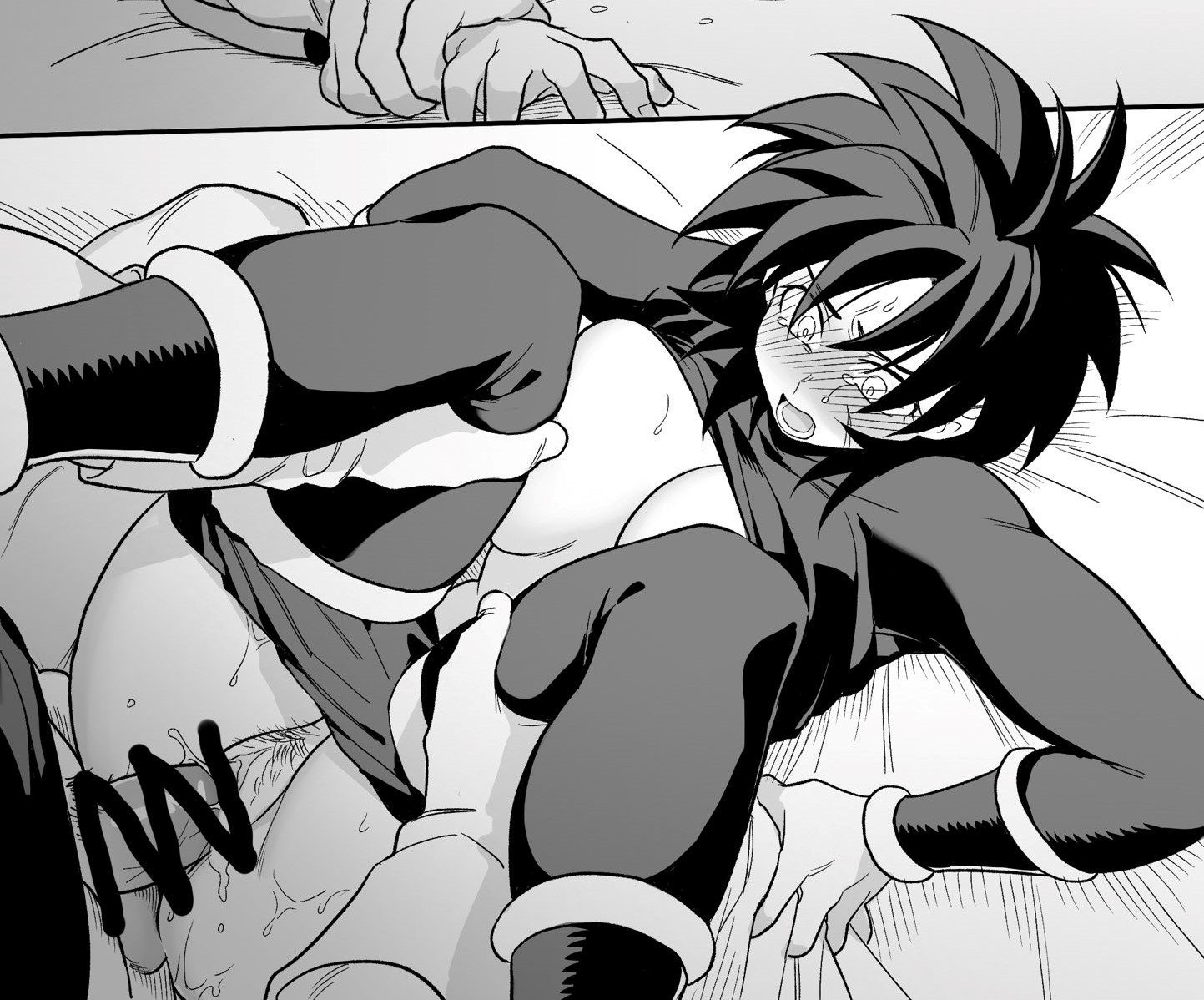 ass, big ass, big thighs, black and white, black eyes, black hair, boots, breasts, broly, broly (dragon ball super), dragon ball, dragon ball super, female, female broly, grabbing sheets, kkkkkirrier, large thighs, legs held open, legs up, missionary position, pubic hair, pussy, pussy juice, rule 63, scar, scar on face, spandex, tears, thighs, vegeta, wet, wet pussy, wristband