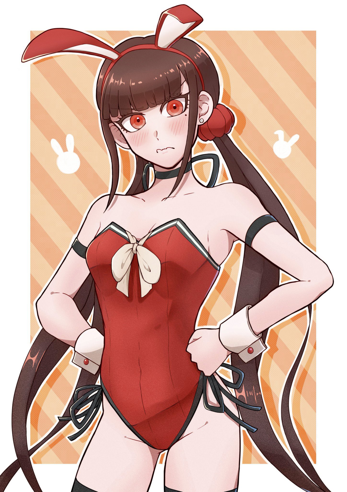 blush, breasts, bunny ears, bunny girl, bunnysuit, danganronpa, danganronpa v3, female, female only, harukawa maki, small breasts, straight hair, thighhighs, thighs